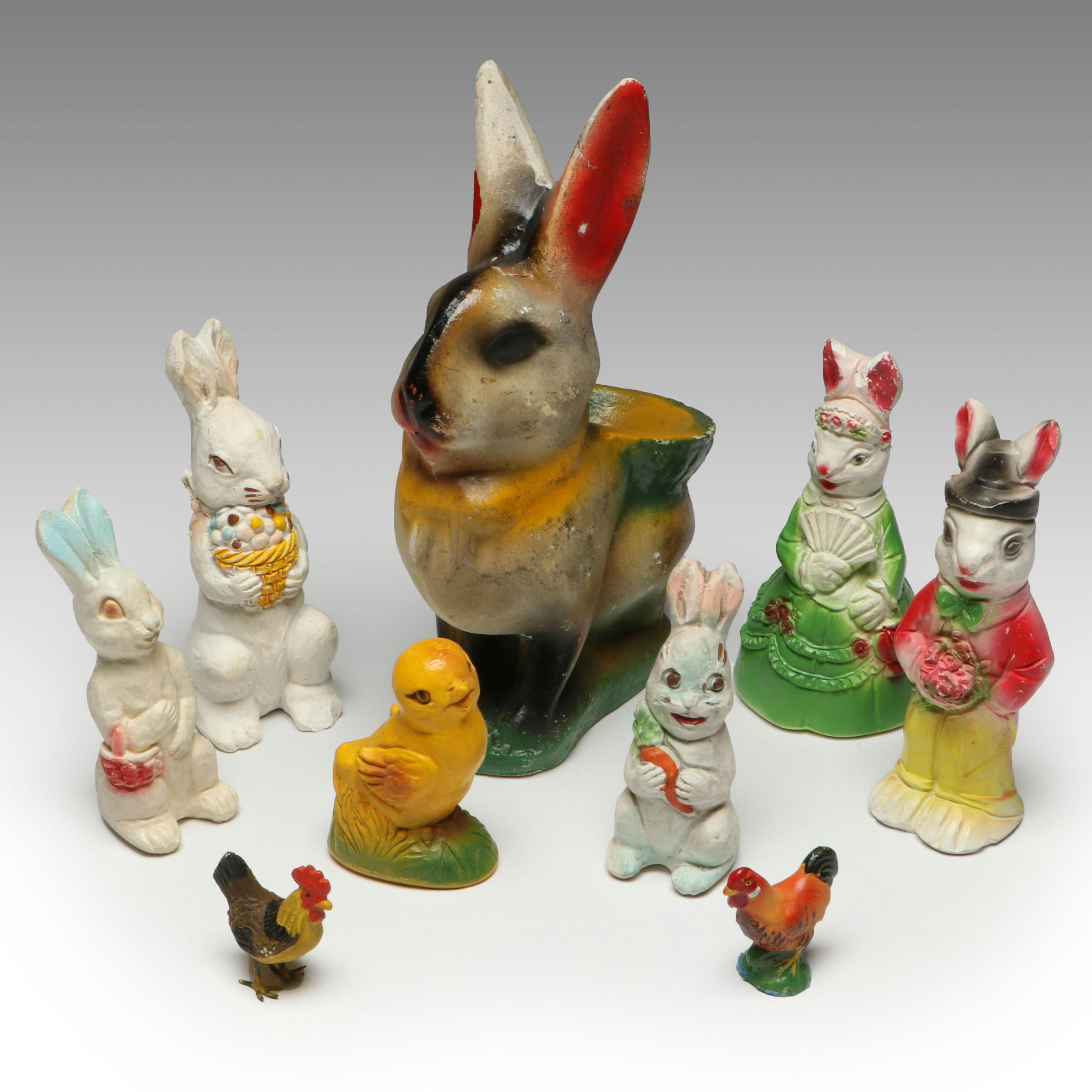 Chalkware Easter Bunny, Chick and Rooster Figurines, Mid-20th Century