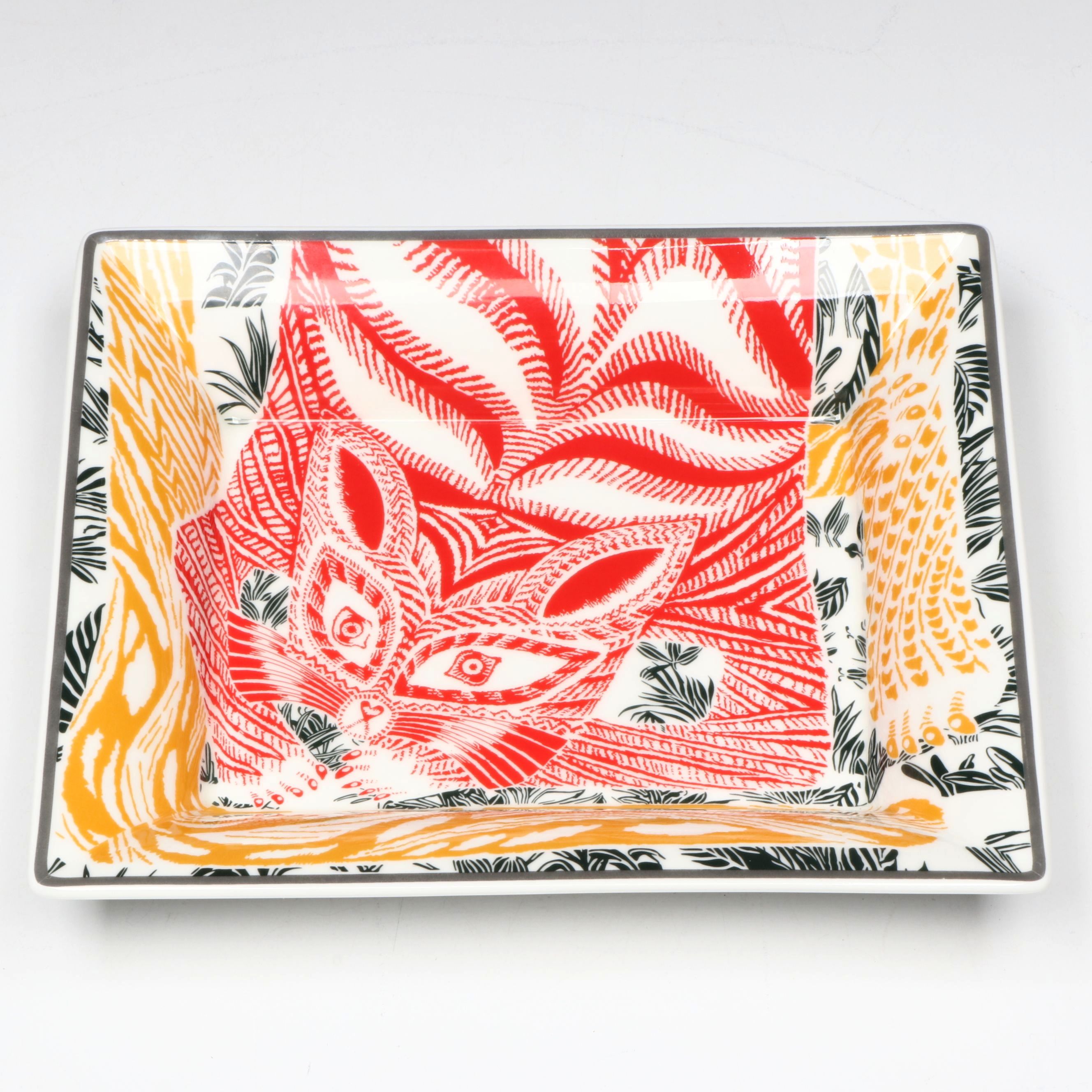 Hermès "Chat Carre" Porcelain and Velvet Goatskin Change Tray