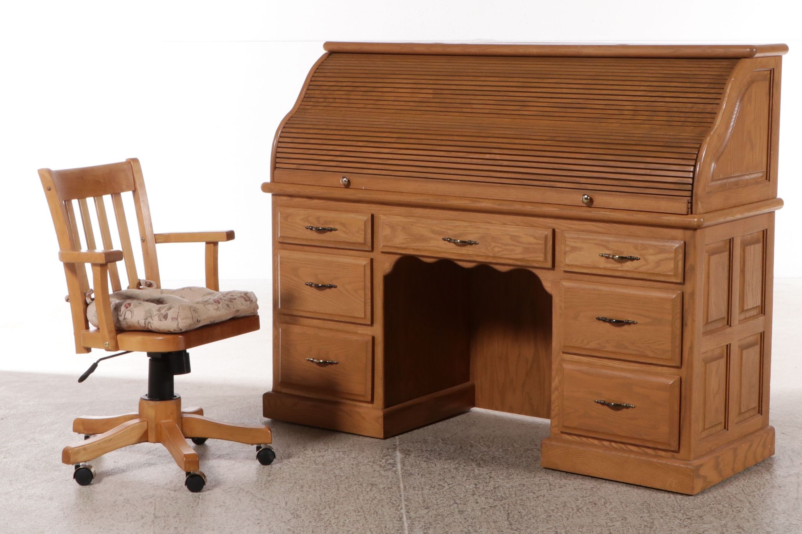 Late Victorian Style Oak  Tambour Roll-Top Desk with Coordinating Chair