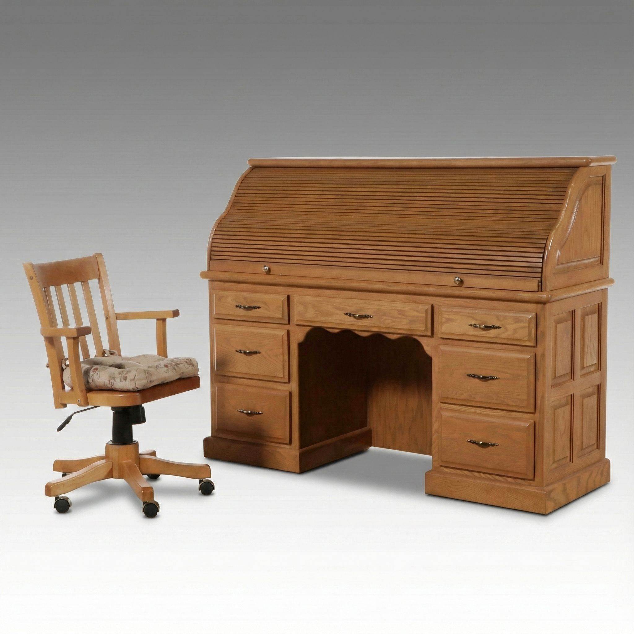 Late Victorian Style Oak  Tambour Roll-Top Desk with Coordinating Chair