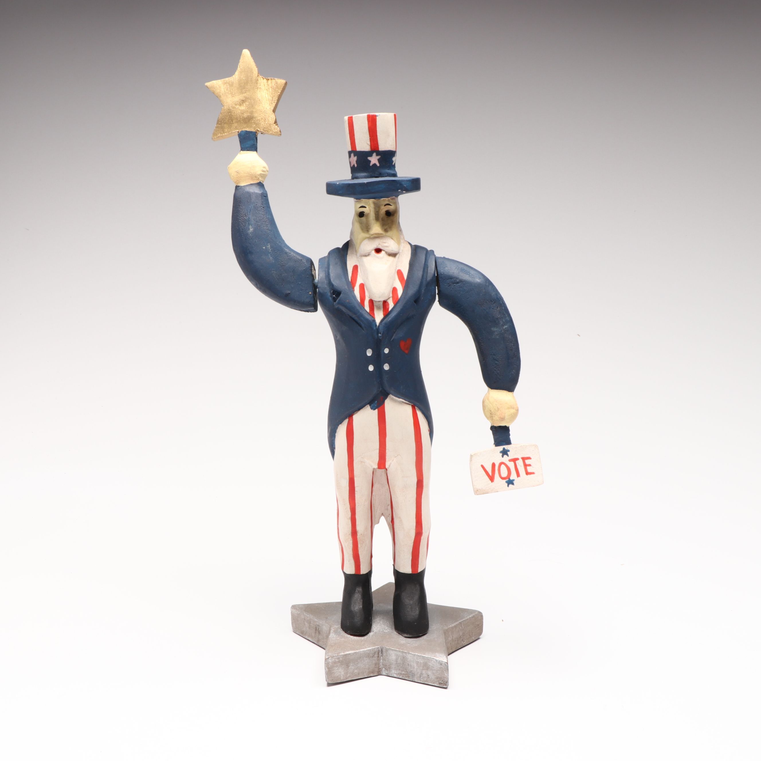 Wimp Gibson Uncle Sam Wood Folk Art Sculpture with Patriotic Decorations