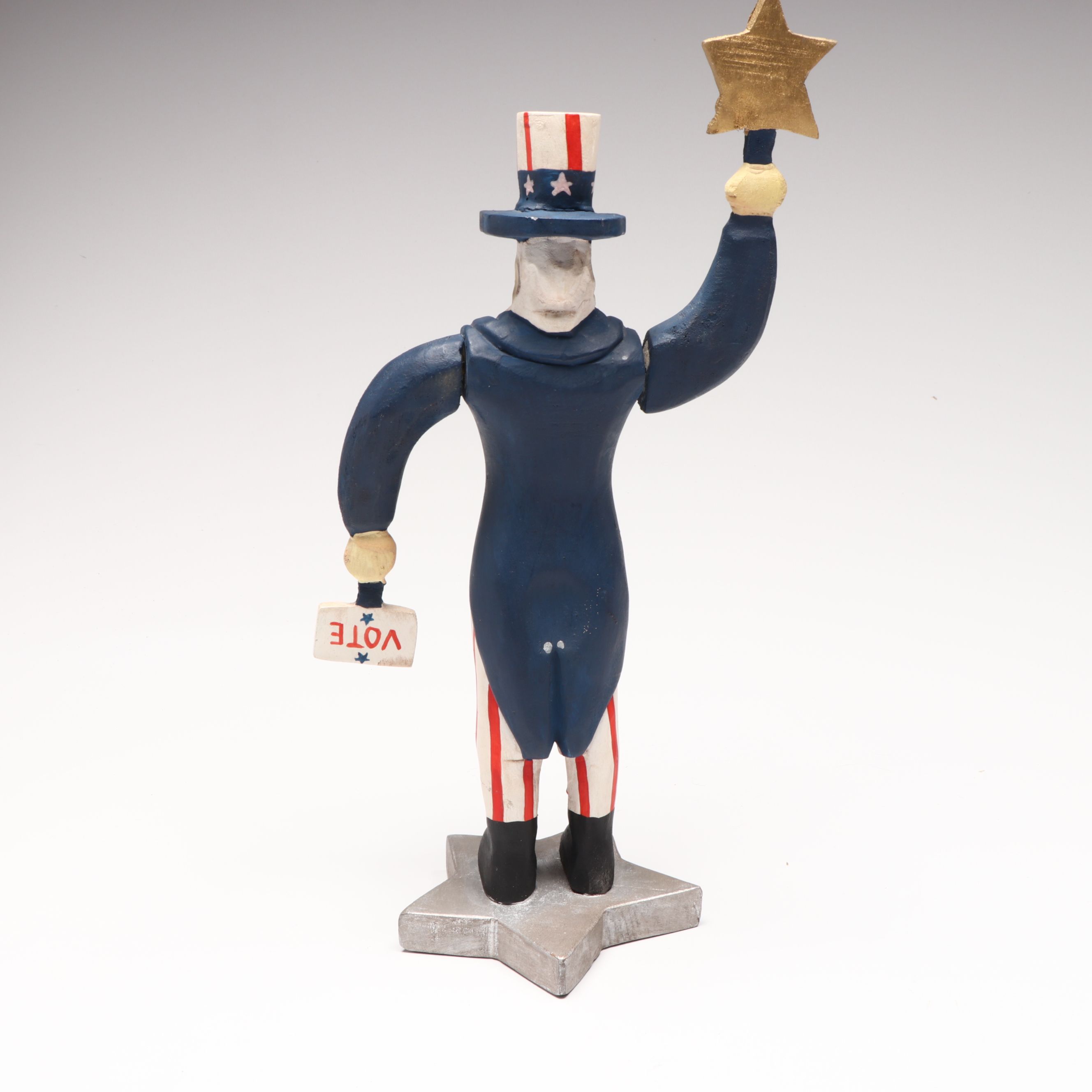 Wimp Gibson Uncle Sam Wood Folk Art Sculpture with Patriotic Decorations