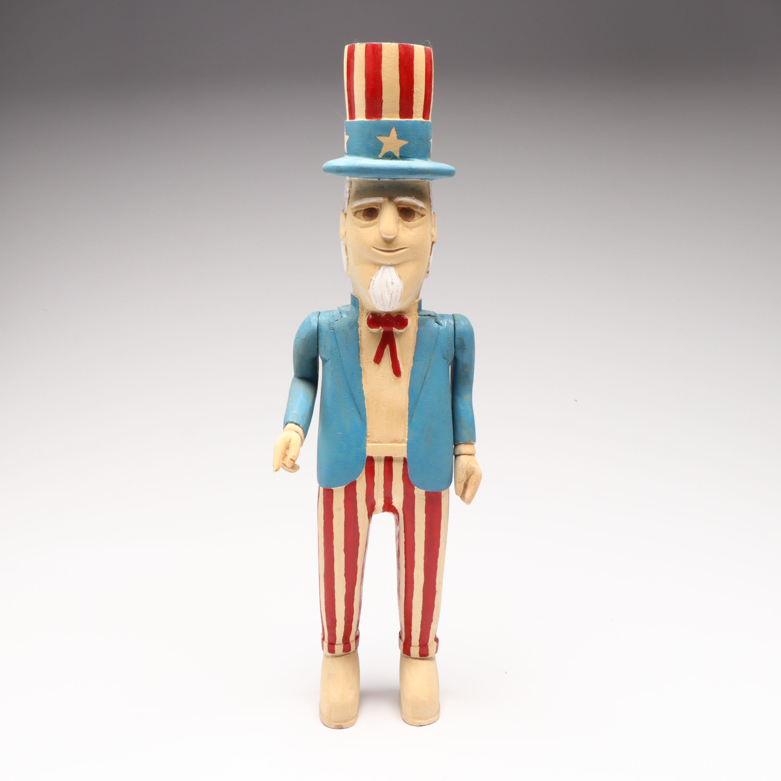 Wimp Gibson Uncle Sam Wood Folk Art Sculpture with Patriotic Decorations