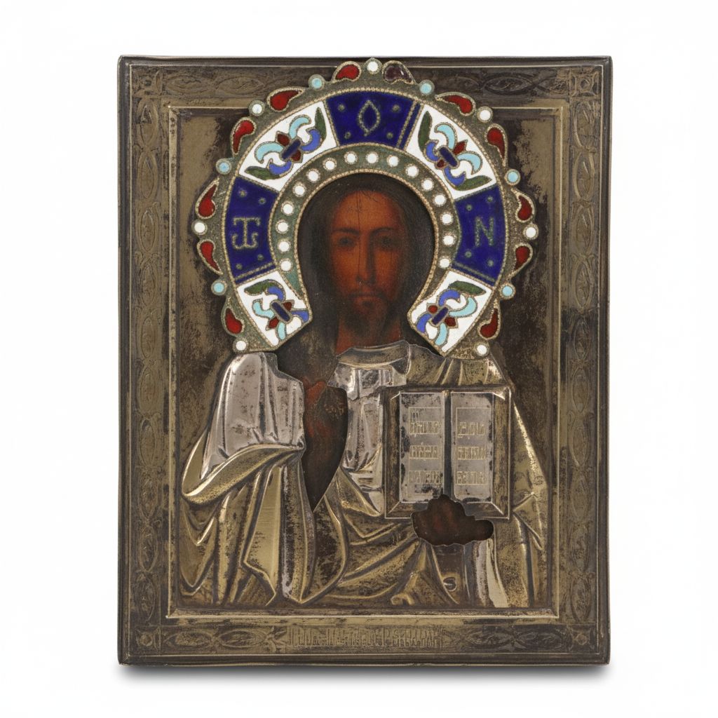 Russian Orthodox Tempera Icon of Christ Pantocrator with Silver Repoussé