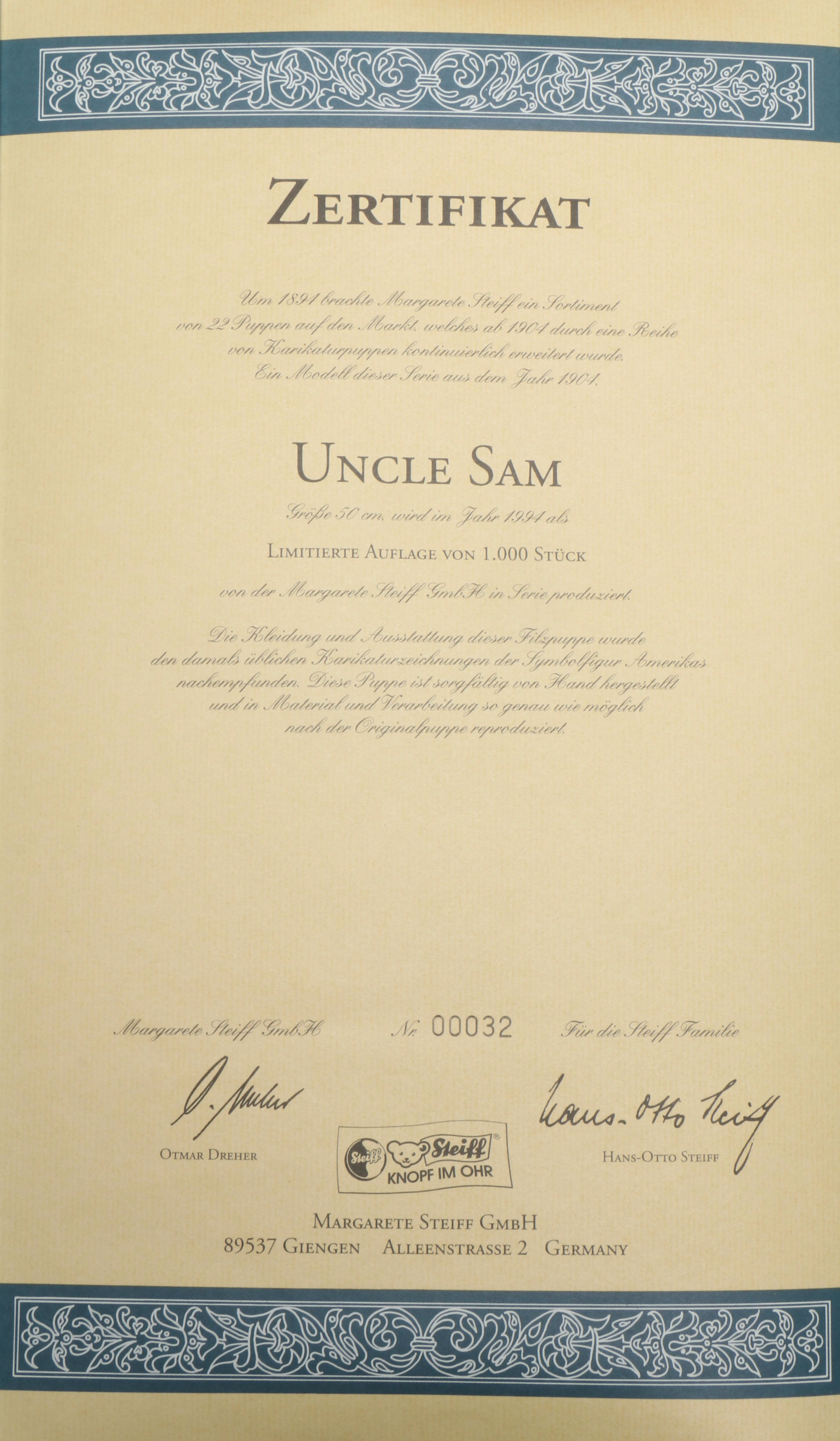 Steiff "Uncle Sam" Felt Wood Doll with Applause "Sam The Olympic Eagle" Doll