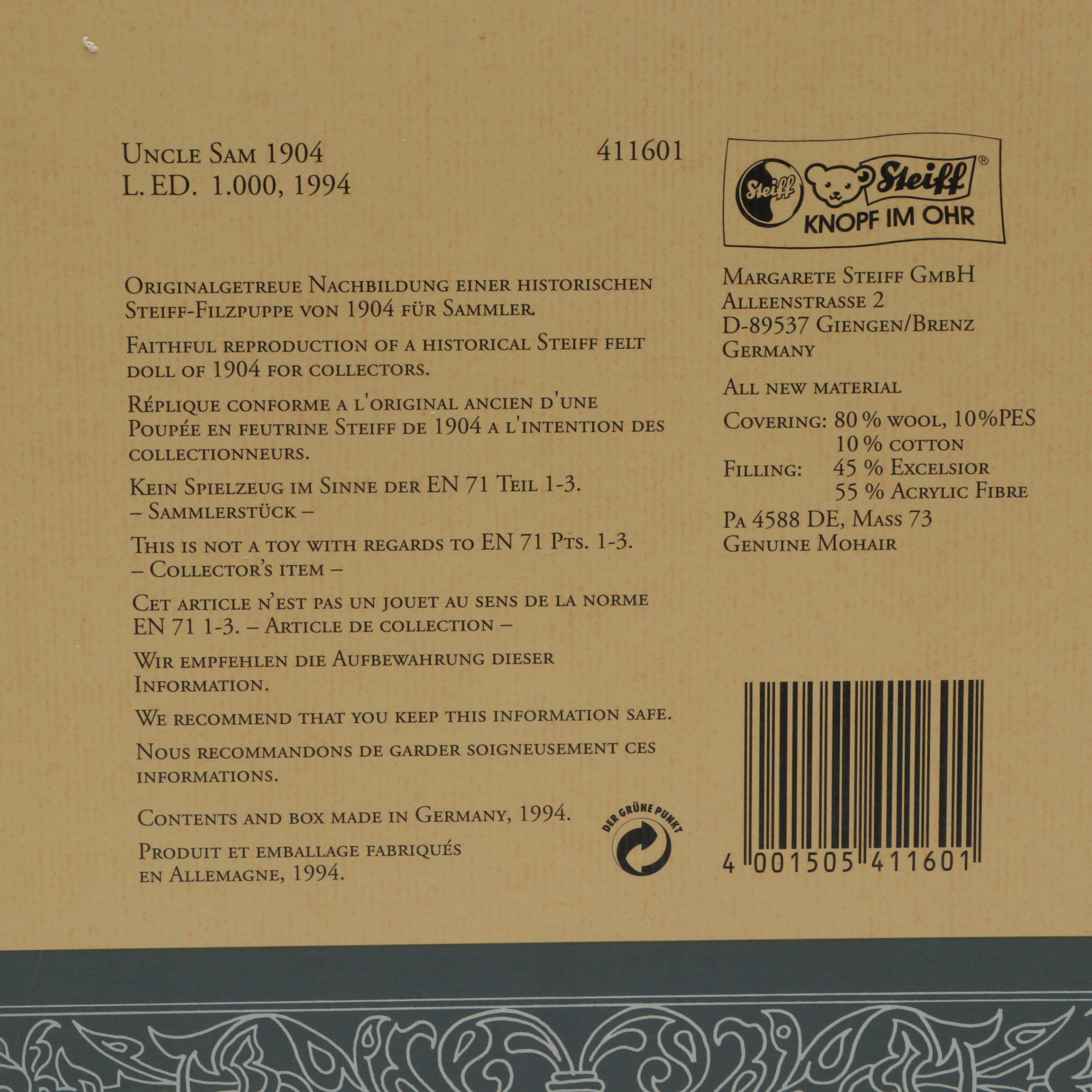 Steiff "Uncle Sam" Felt Wood Doll with Applause "Sam The Olympic Eagle" Doll