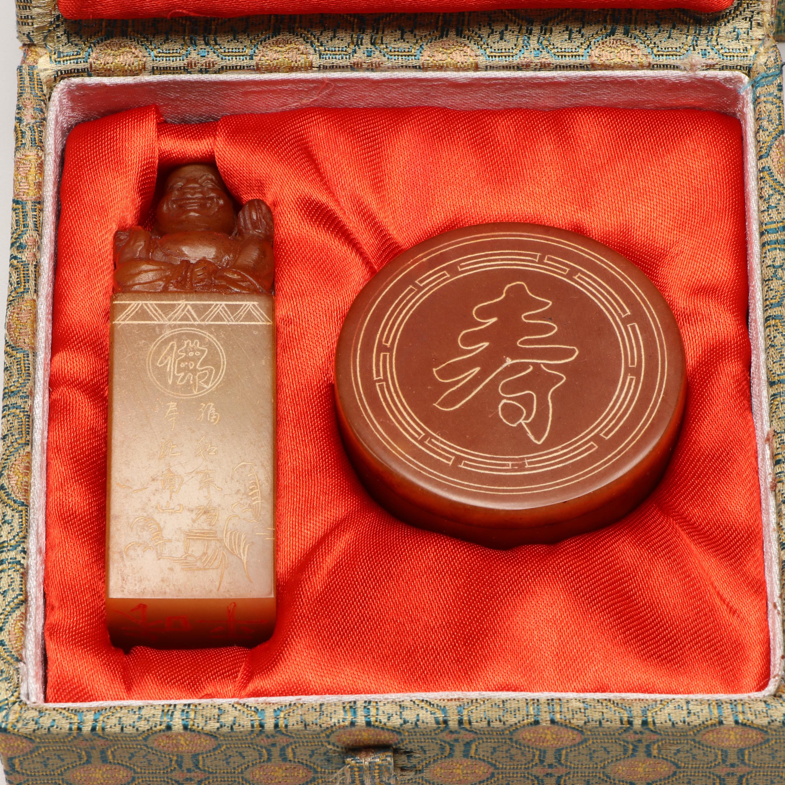 Carved Soapstone Budai and Seated Buddha Chop Seal Sets