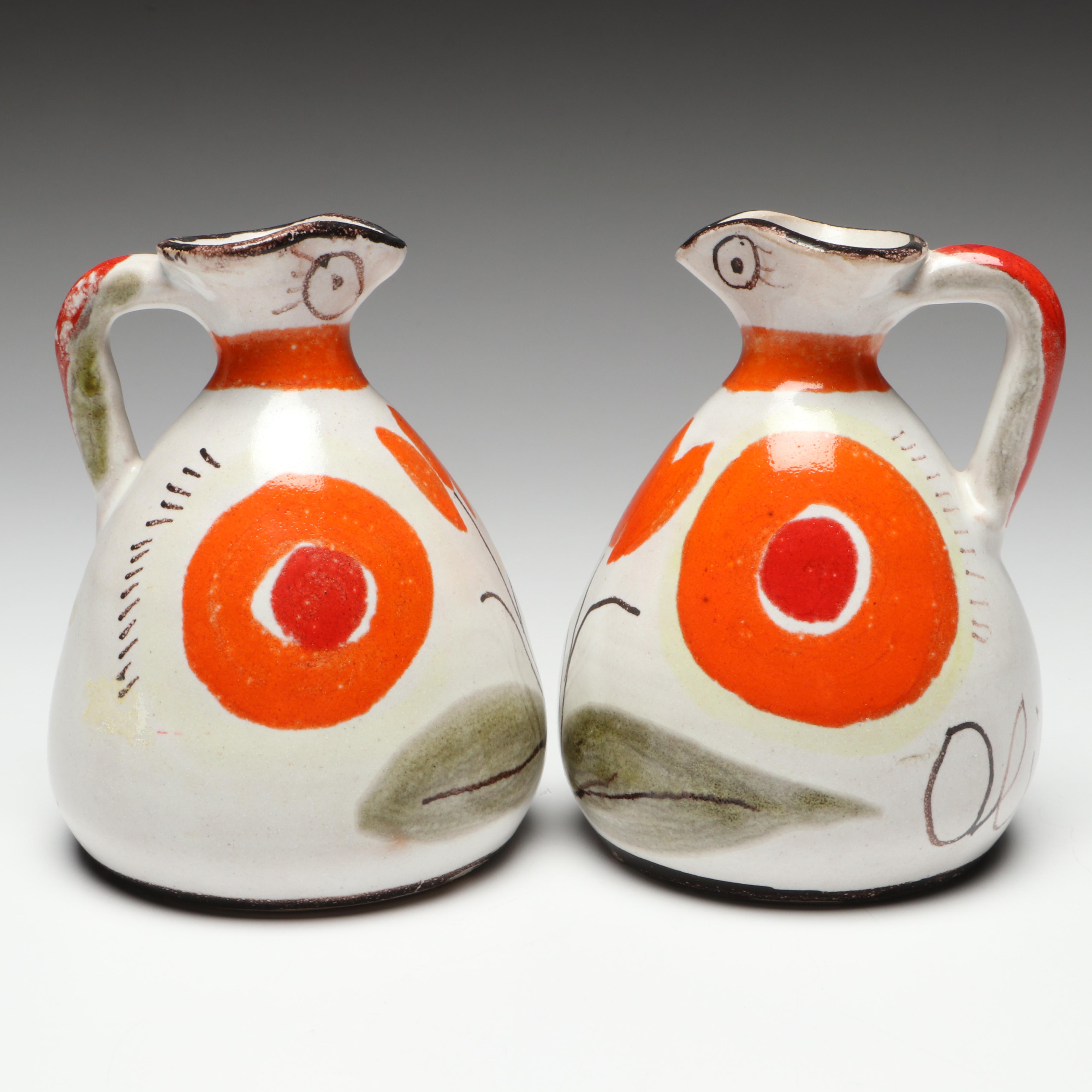 De Simone Italian Ceramic and Pinzette Art Glass Pitchers, Mid to Late 20th C.