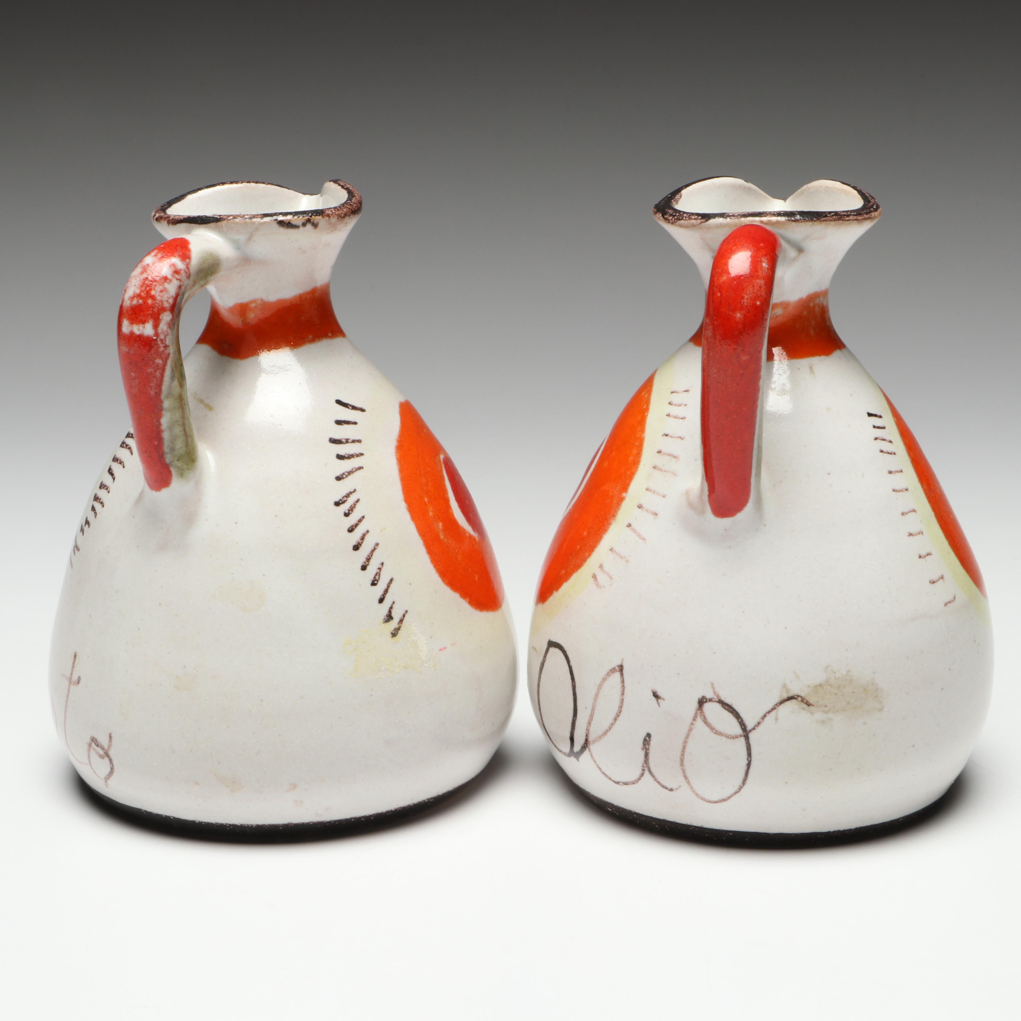 De Simone Italian Ceramic and Pinzette Art Glass Pitchers, Mid to Late 20th C.