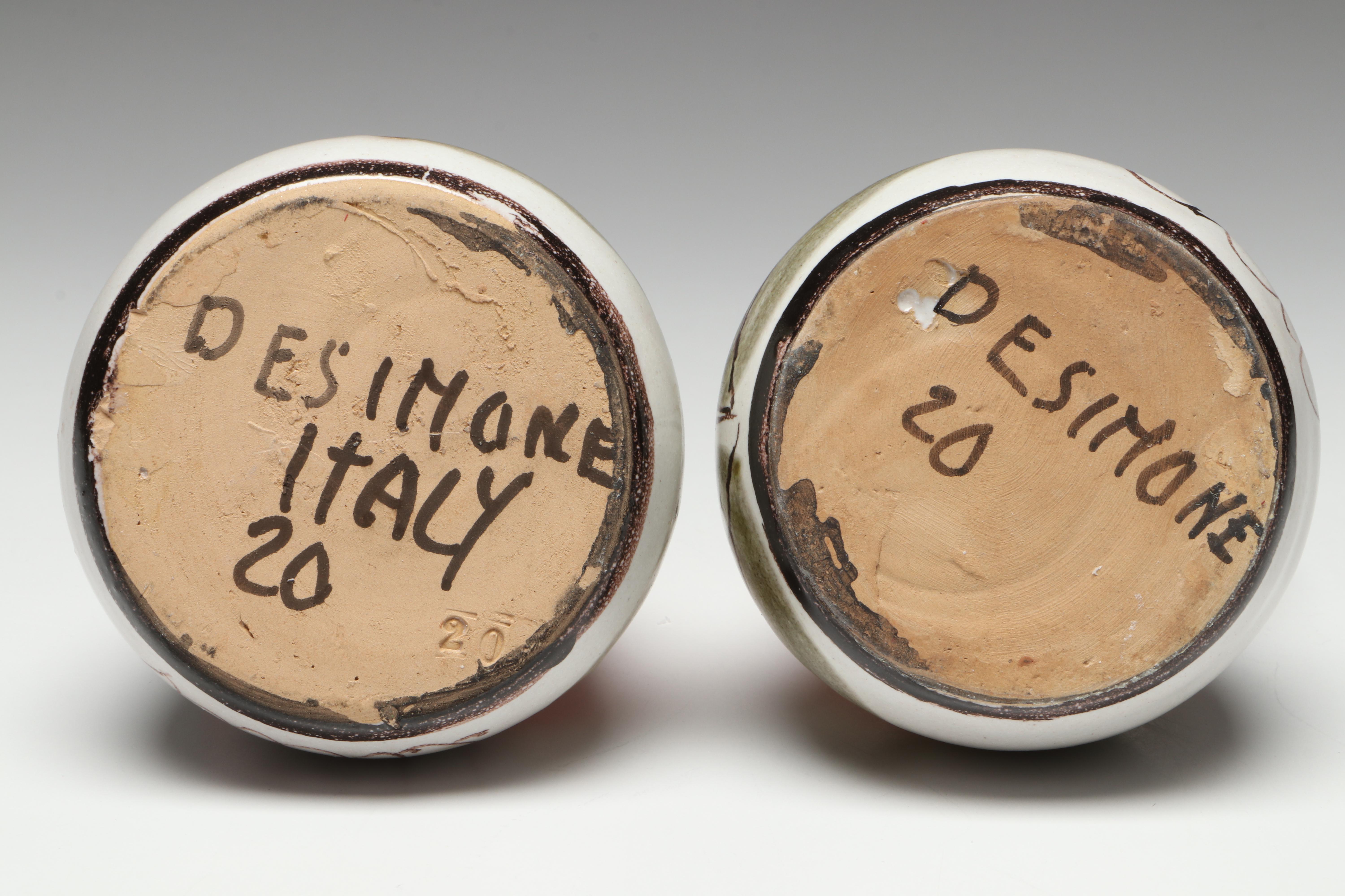 De Simone Italian Ceramic and Pinzette Art Glass Pitchers, Mid to Late 20th C.