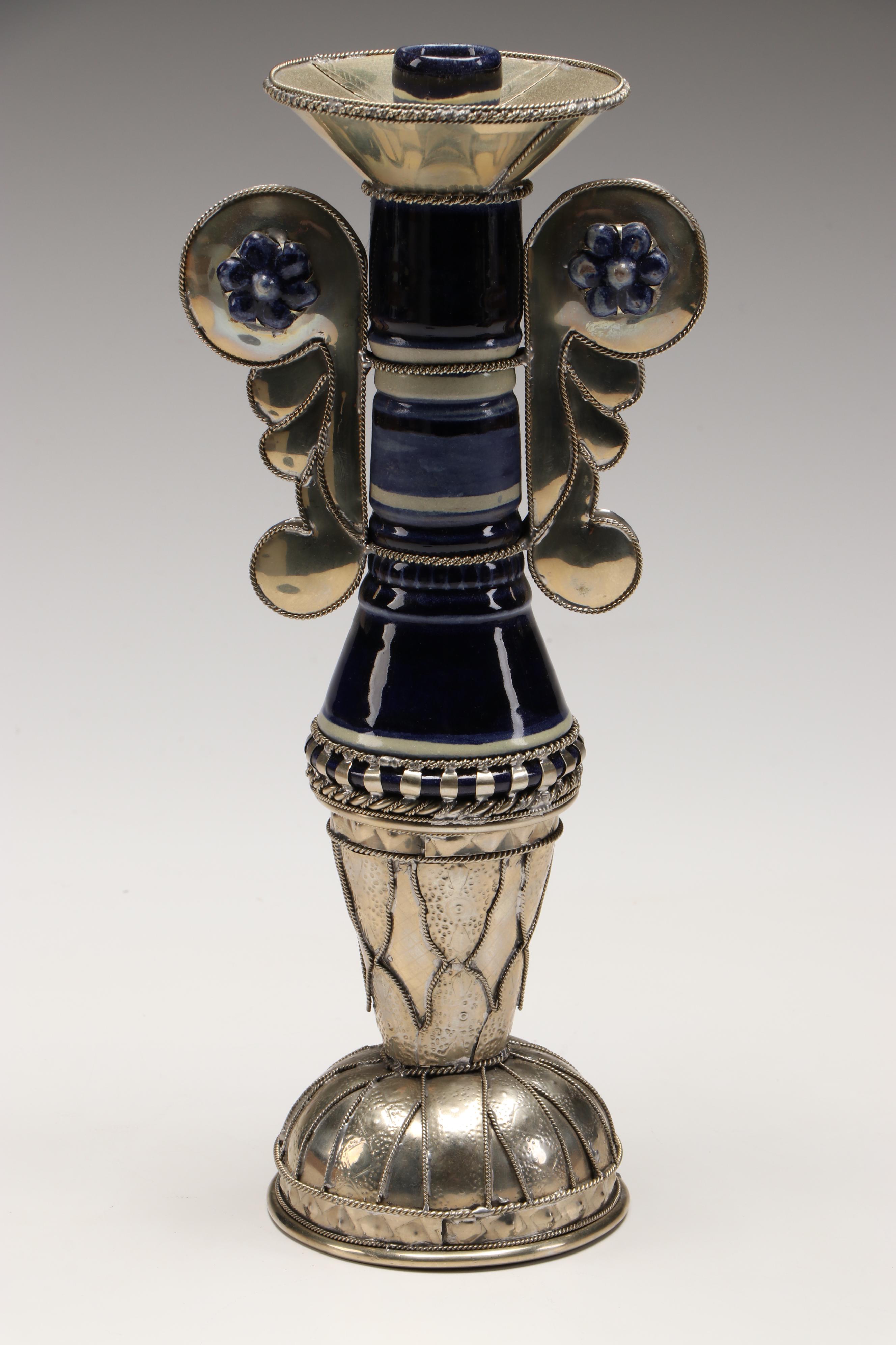 Blue Ceramic and Silver Plate Candle Holder and Decorative Box