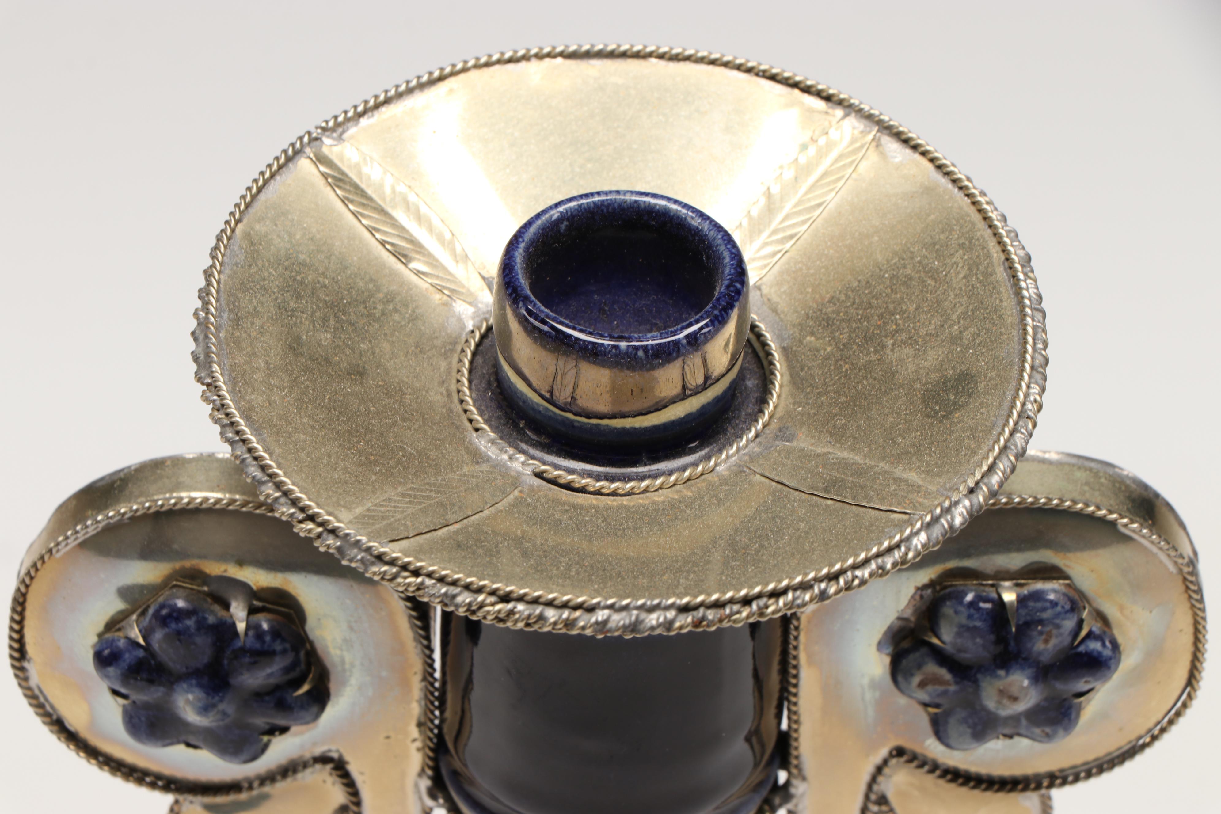 Blue Ceramic and Silver Plate Candle Holder and Decorative Box