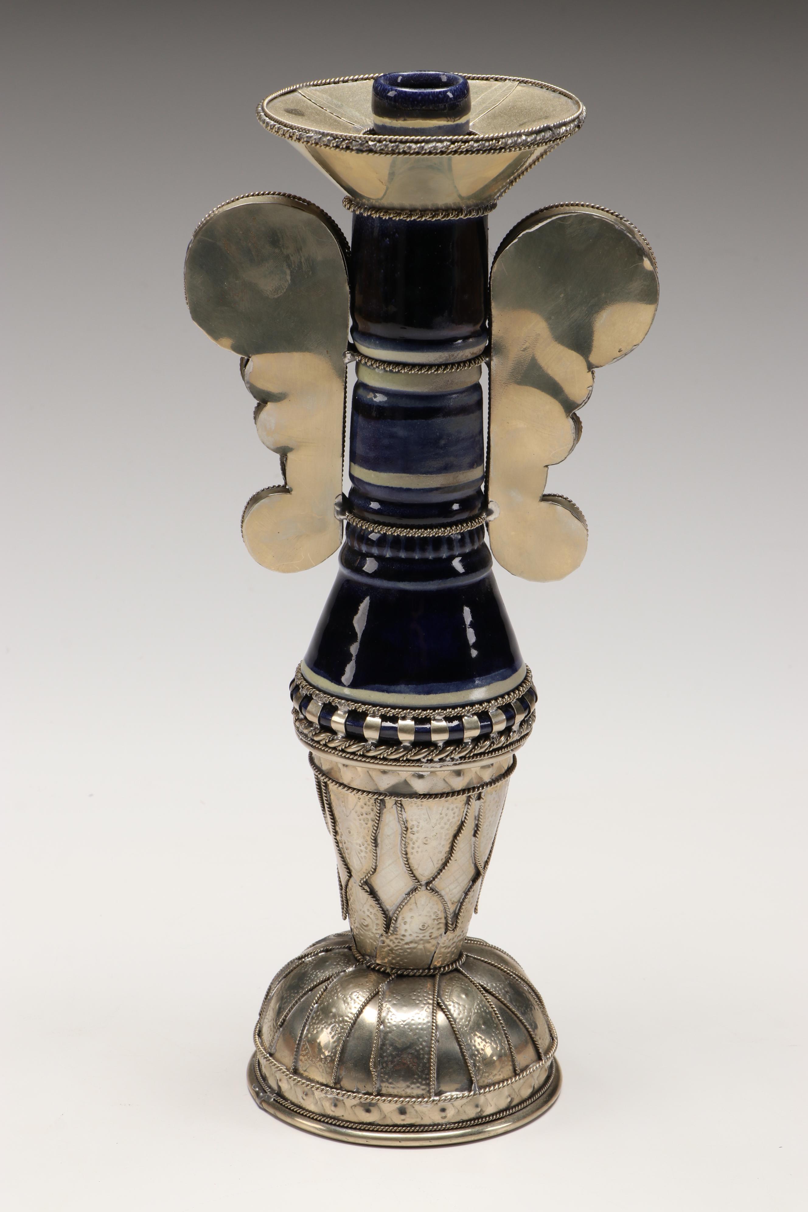 Blue Ceramic and Silver Plate Candle Holder and Decorative Box