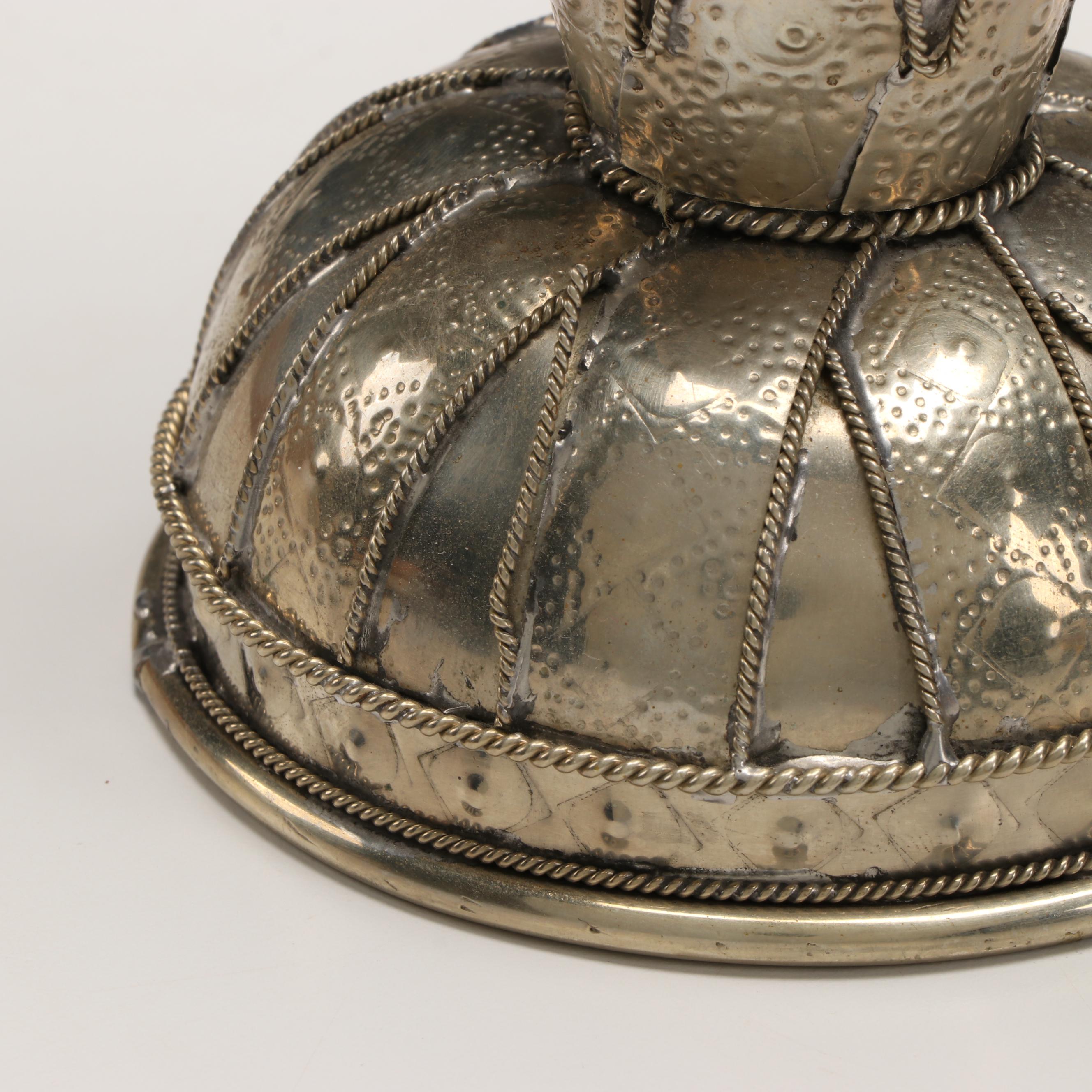 Blue Ceramic and Silver Plate Candle Holder and Decorative Box