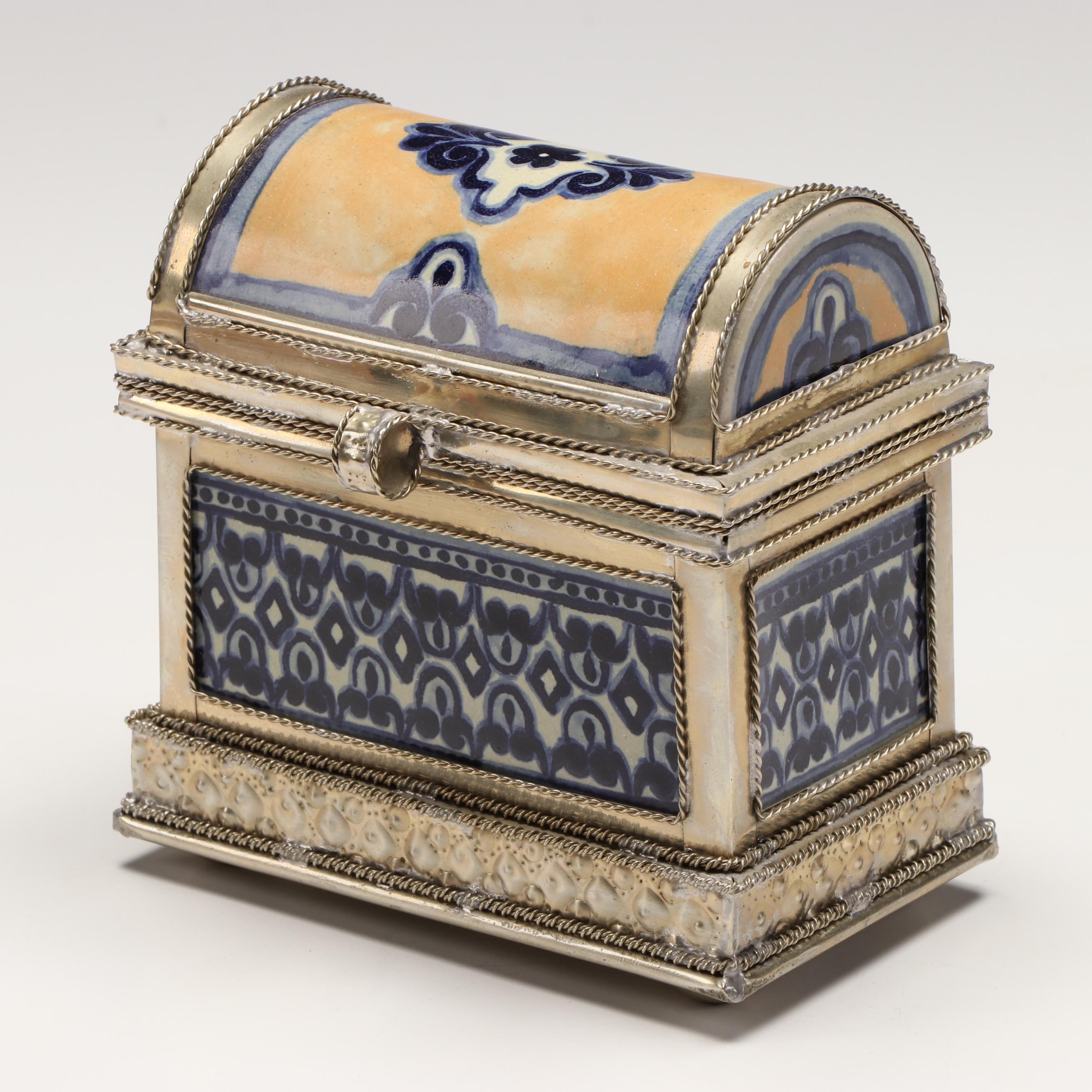 Blue Ceramic and Silver Plate Candle Holder and Decorative Box