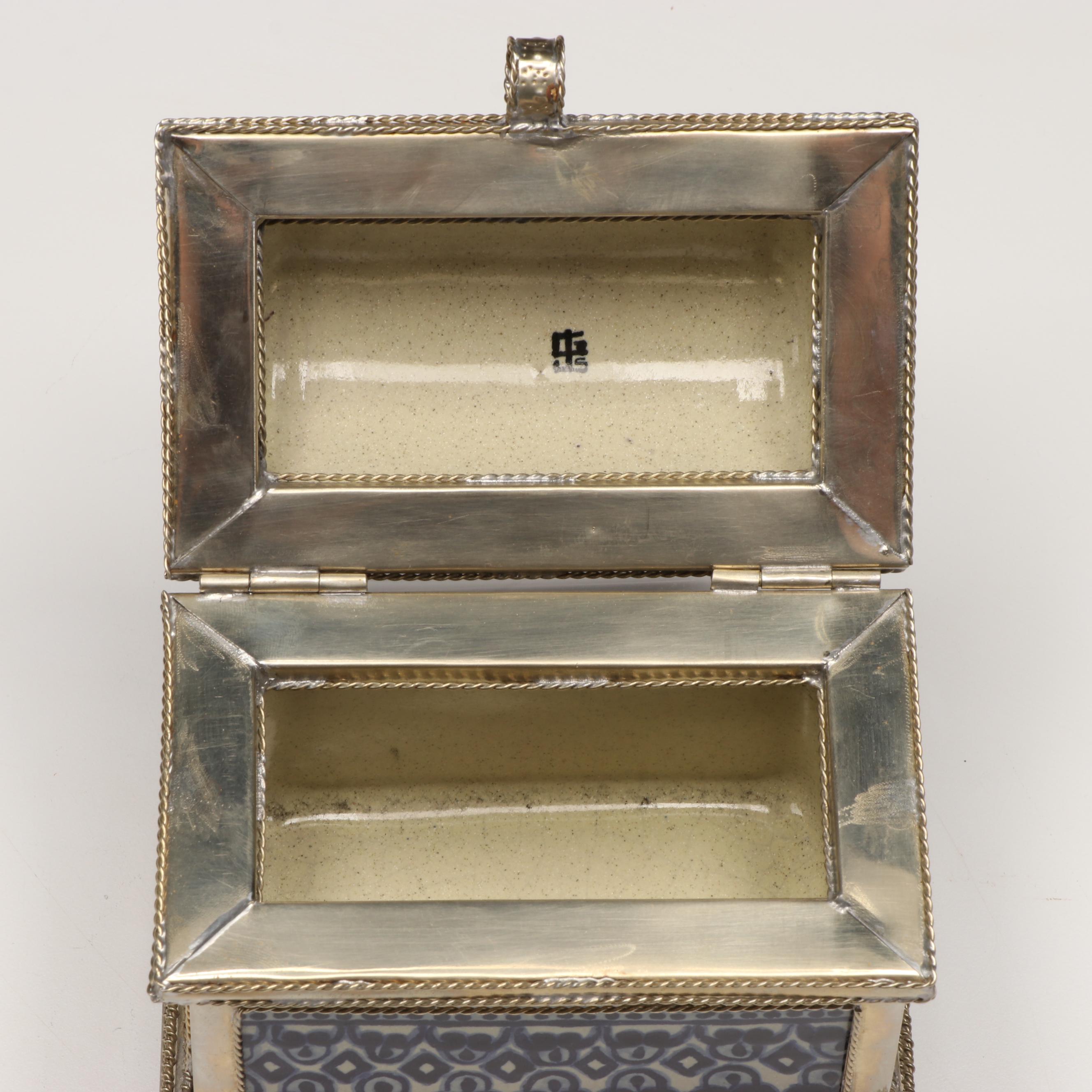 Blue Ceramic and Silver Plate Candle Holder and Decorative Box