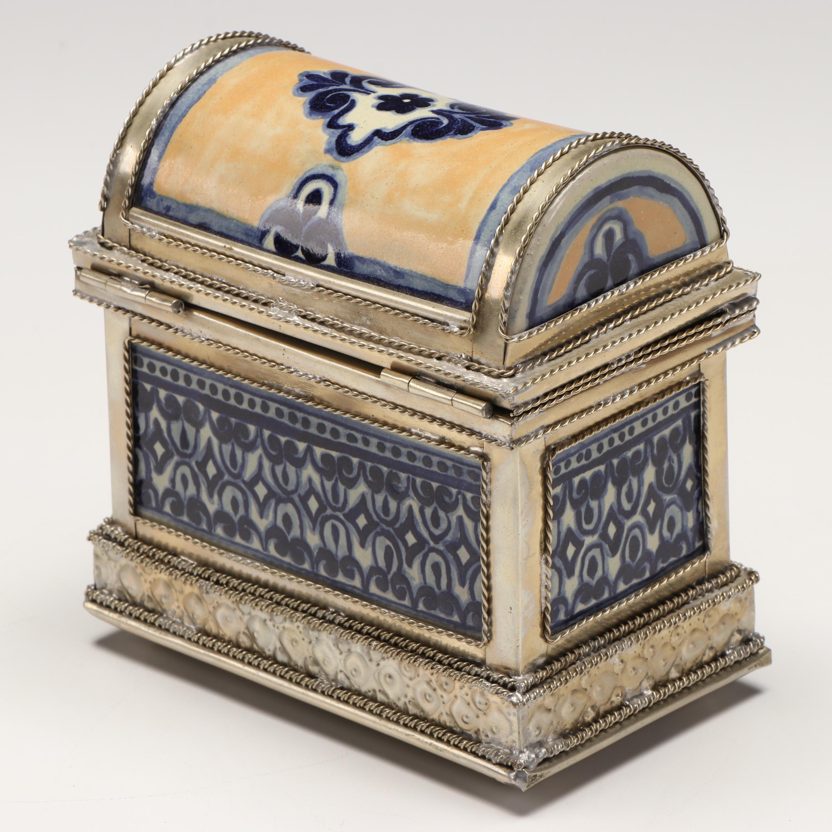 Blue Ceramic and Silver Plate Candle Holder and Decorative Box