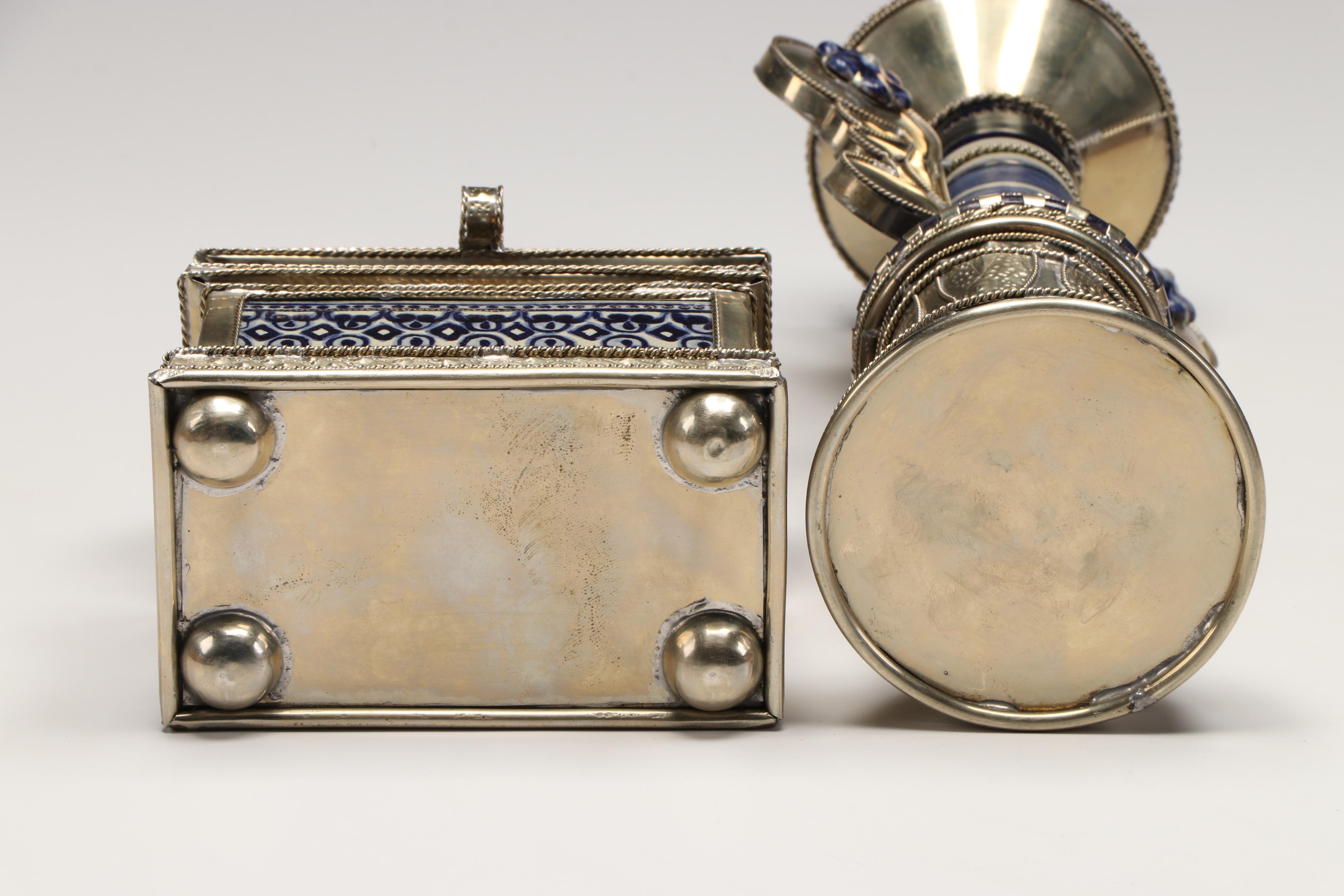 Blue Ceramic and Silver Plate Candle Holder and Decorative Box