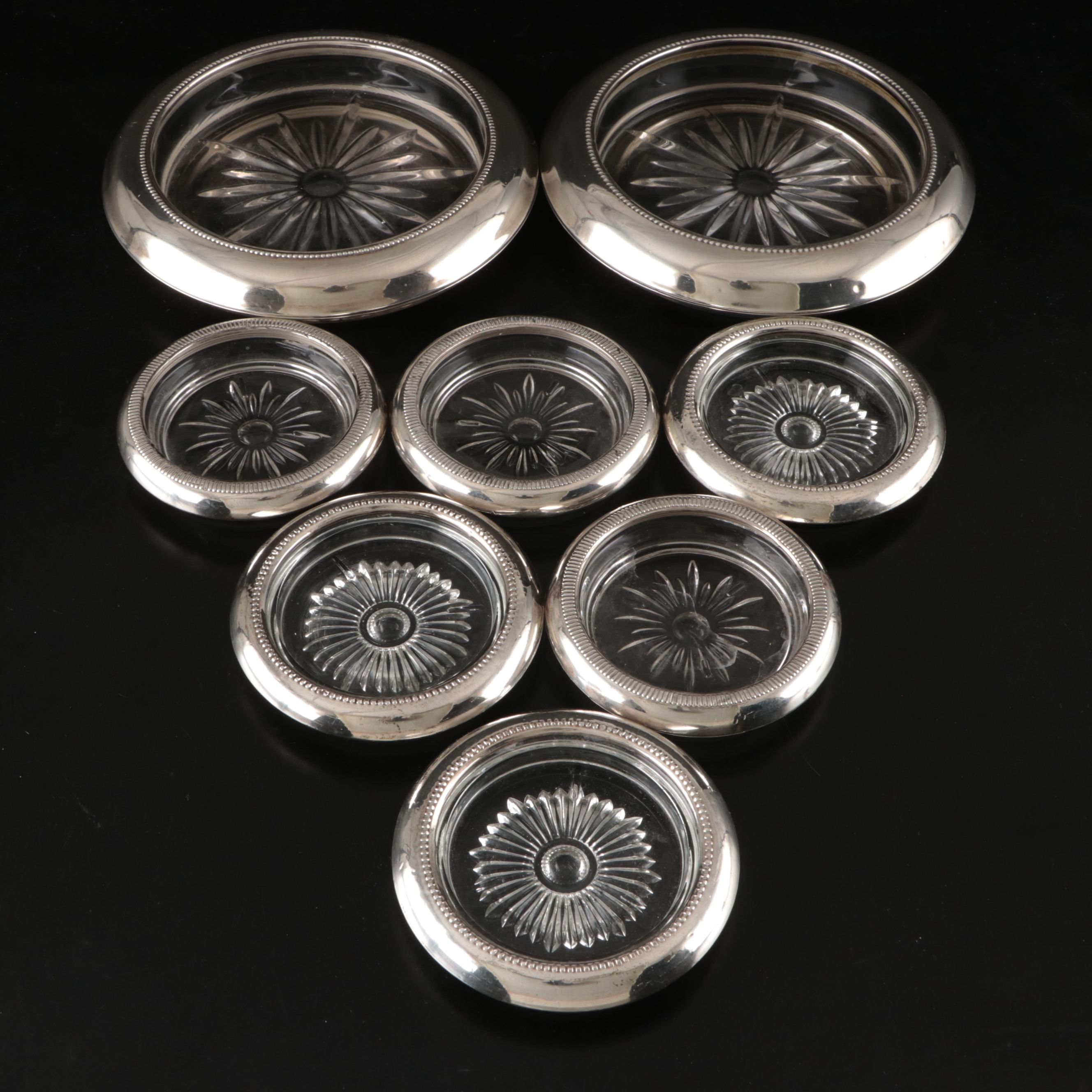 Frank M. Whiting Sterling Silver and Crystal Coasters, Early to Mid-20th Century
