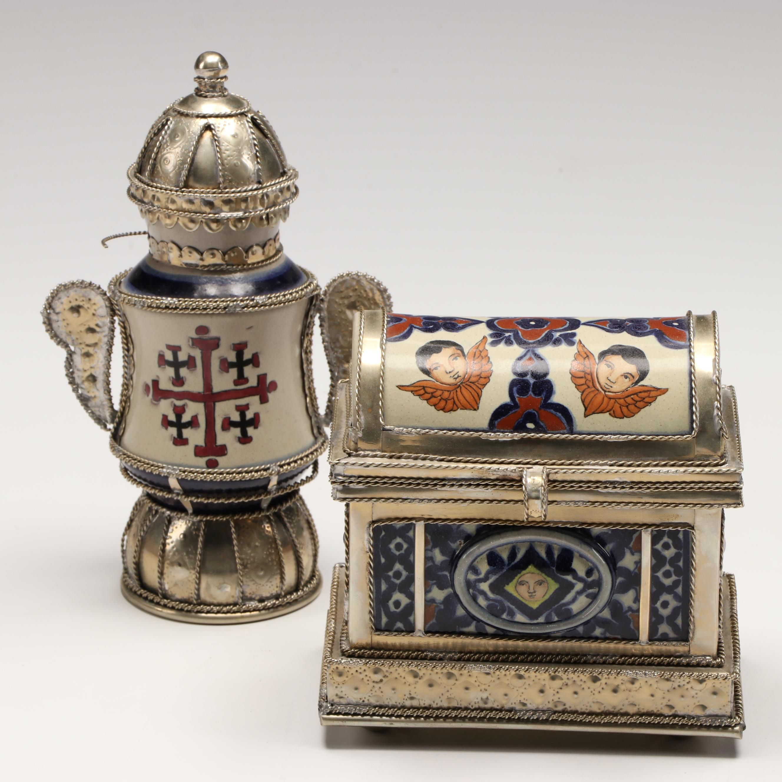 Ceramic and Silver Finish Decorative Box and Decorative Urn