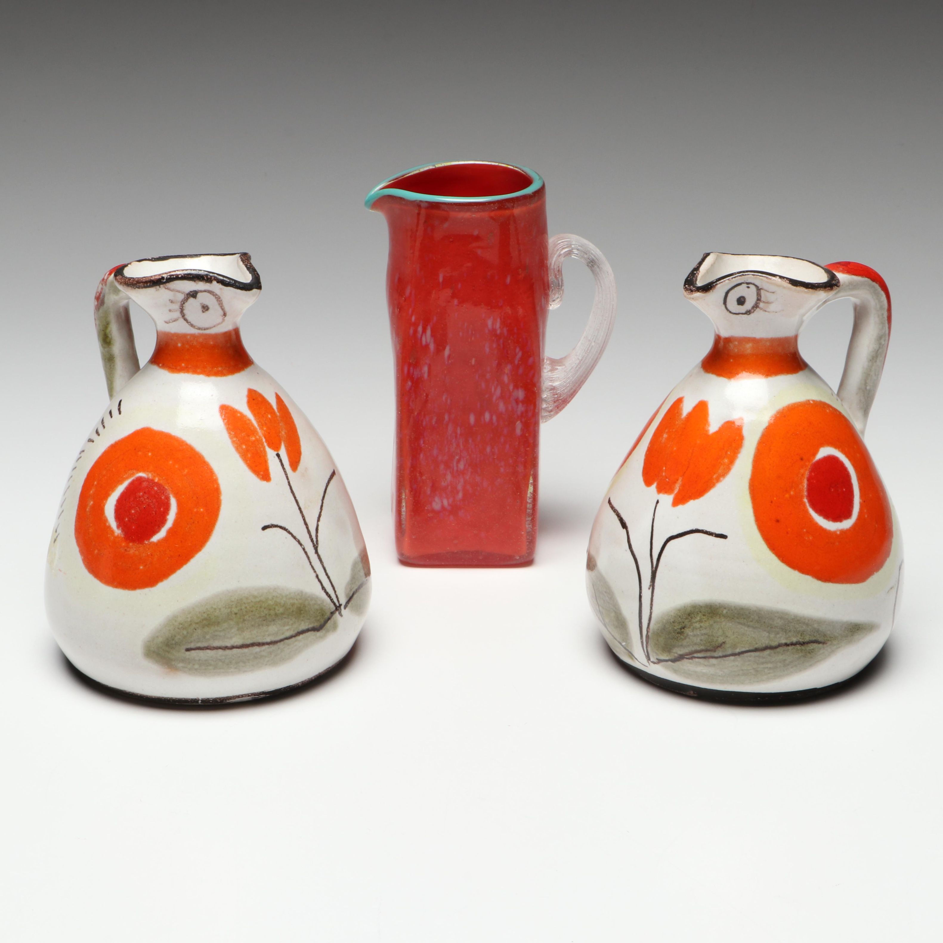 De Simone Italian Ceramic and Pinzette Art Glass Pitchers, Mid to Late 20th C.