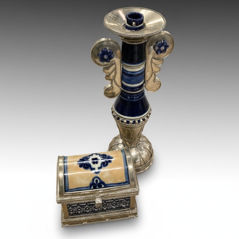 Blue Ceramic and Silver Plate Candle Holder and Decorative Box