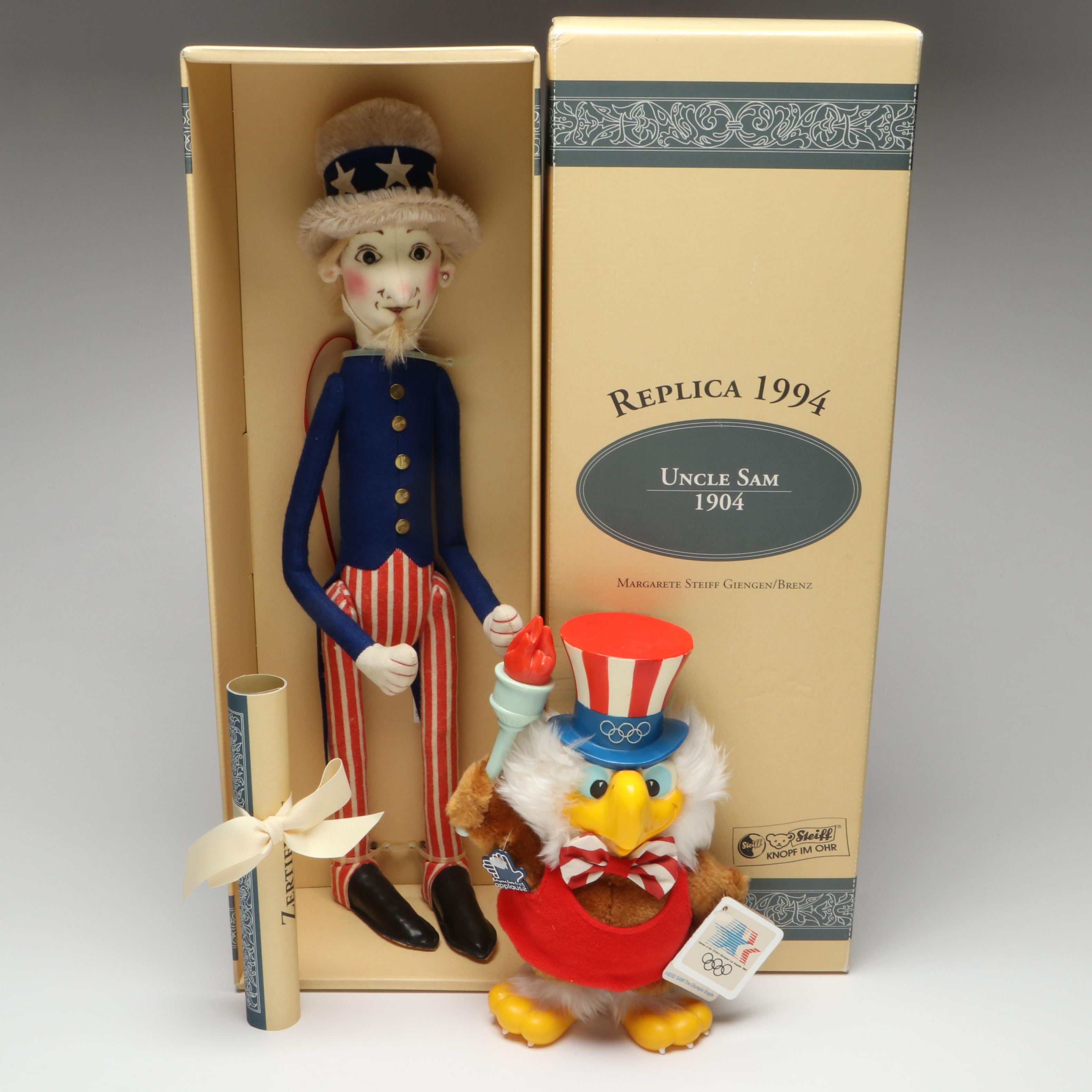 Steiff "Uncle Sam" Felt Wood Doll with Applause "Sam The Olympic Eagle" Doll
