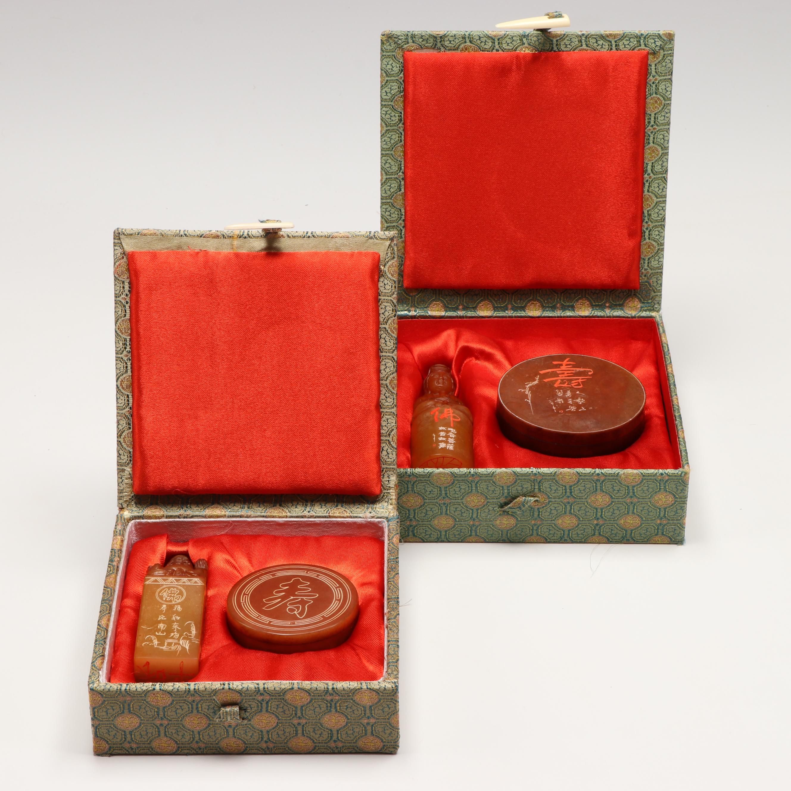 Carved Soapstone Budai and Seated Buddha Chop Seal Sets