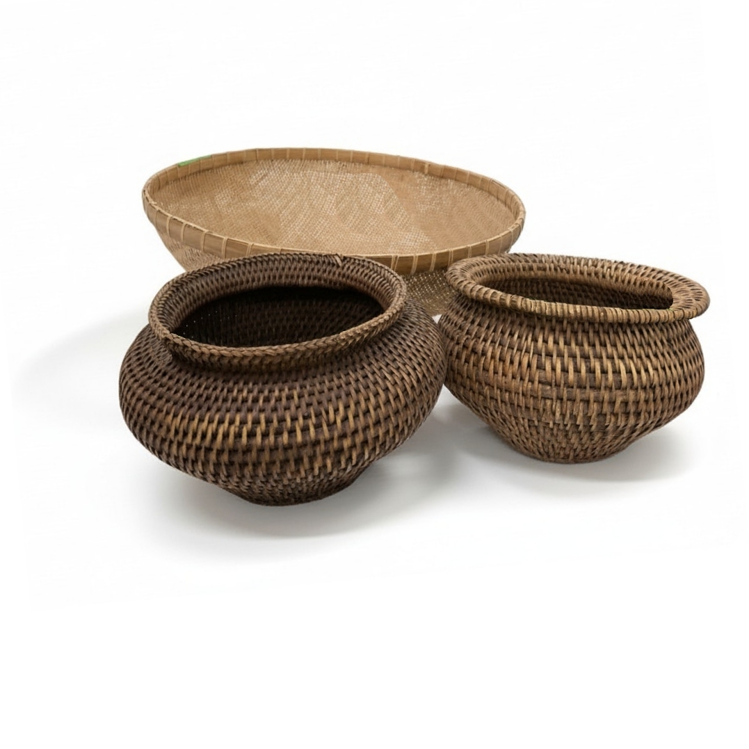 Asian Woven Bamboo Winnowing Basket with Rattan Planters