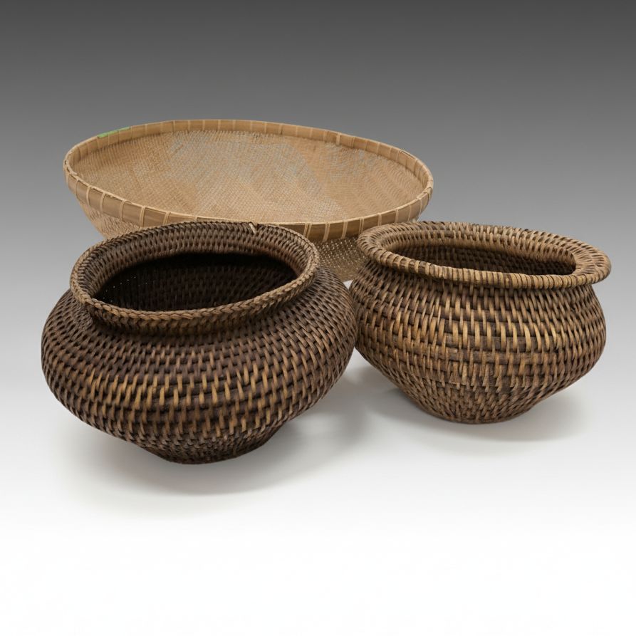 Asian Woven Bamboo Winnowing Basket with Rattan Planters