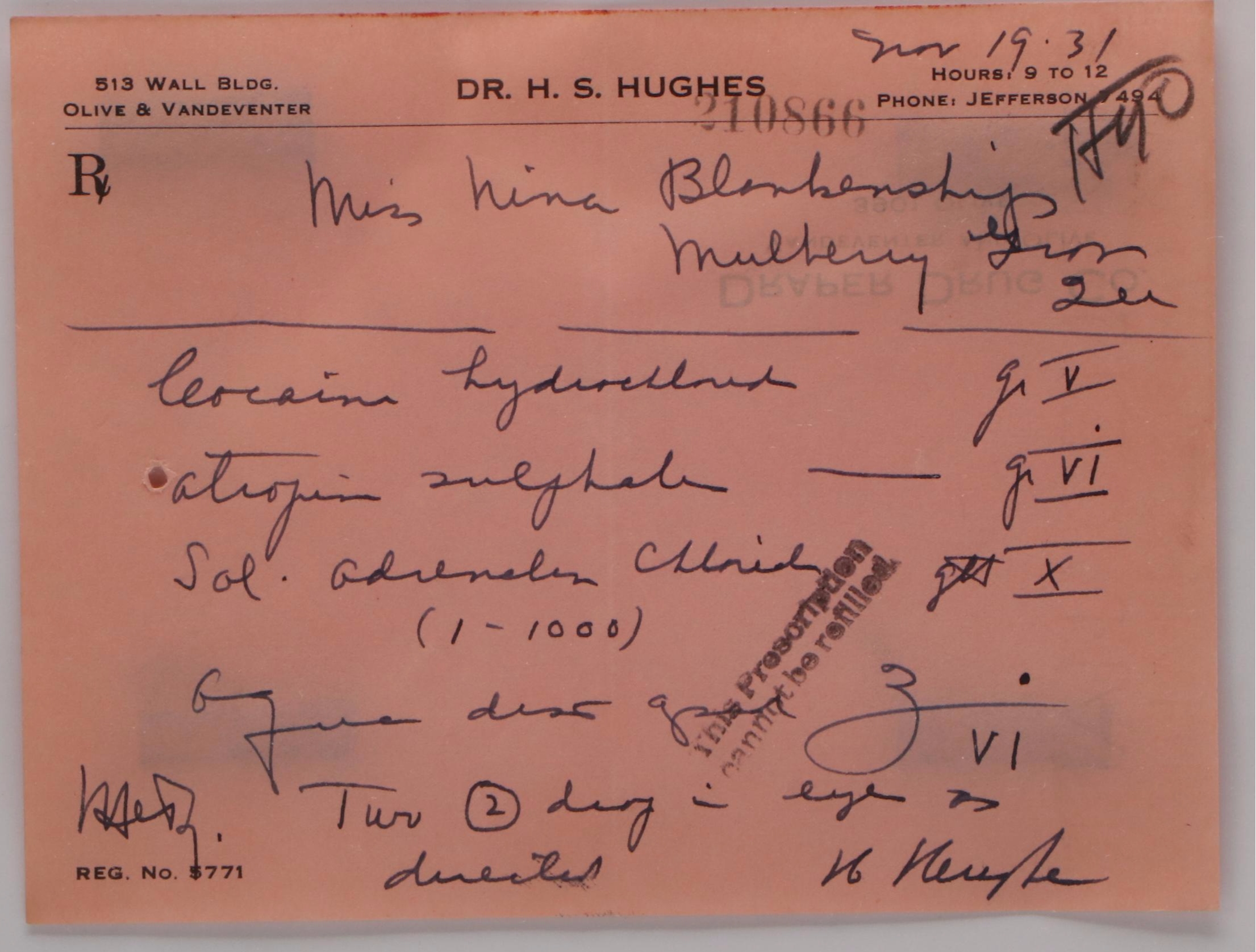 Prescription Form for Cocaine, 1931