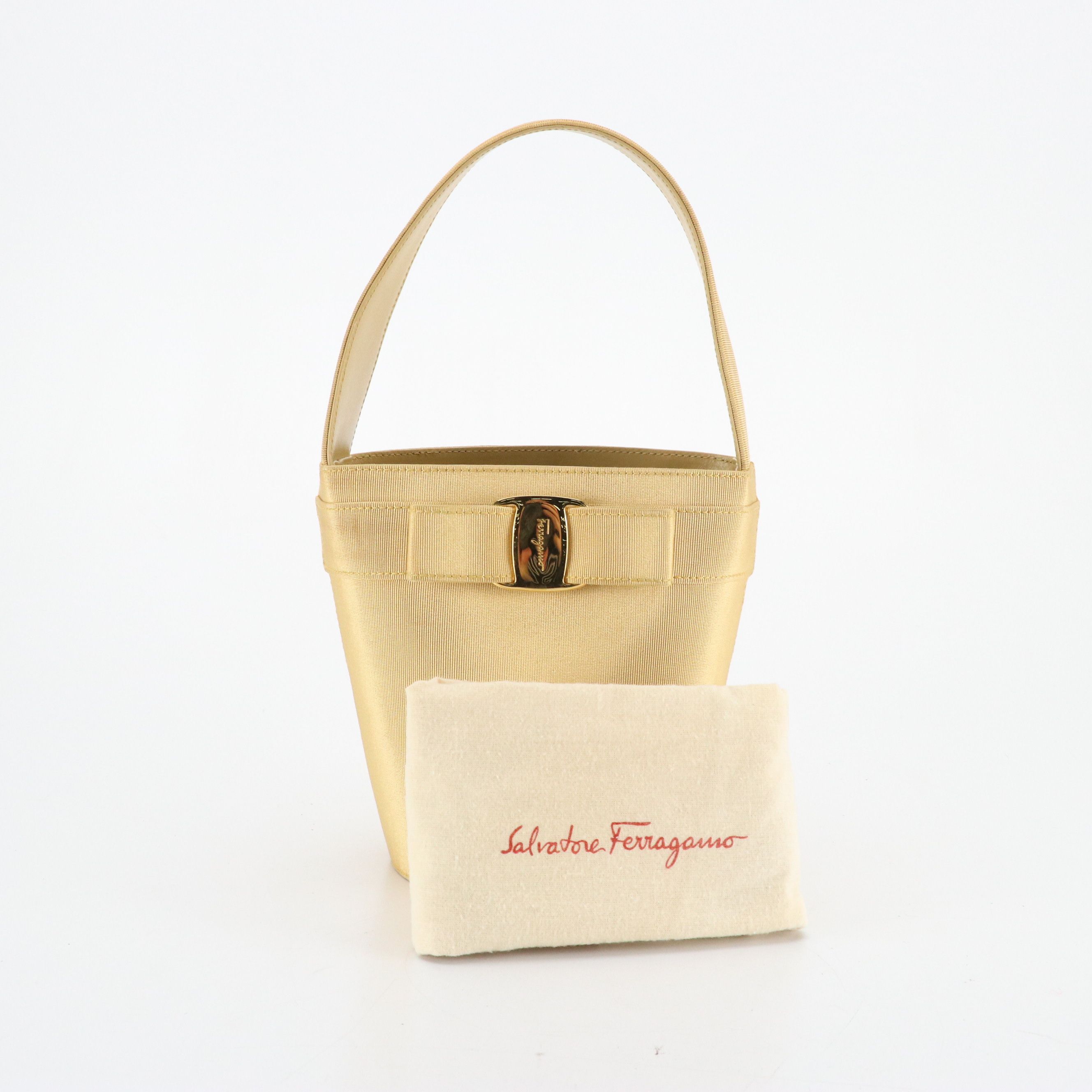 Salvatore Ferragamo Small Vara Bow Bucket Tote in Gold Grosgrain and Leather