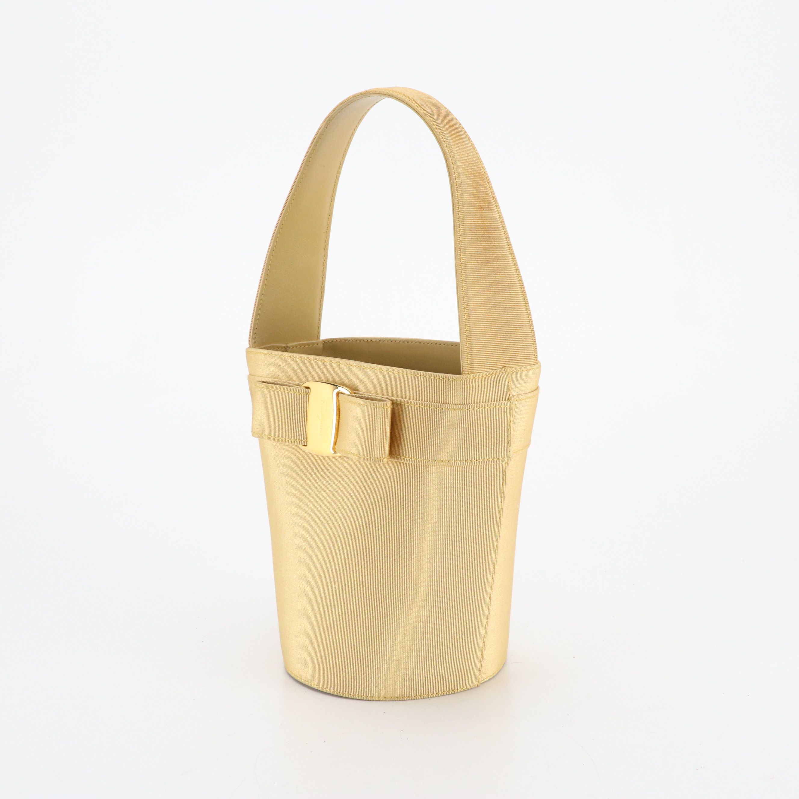 Salvatore Ferragamo Small Vara Bow Bucket Tote in Gold Grosgrain and Leather