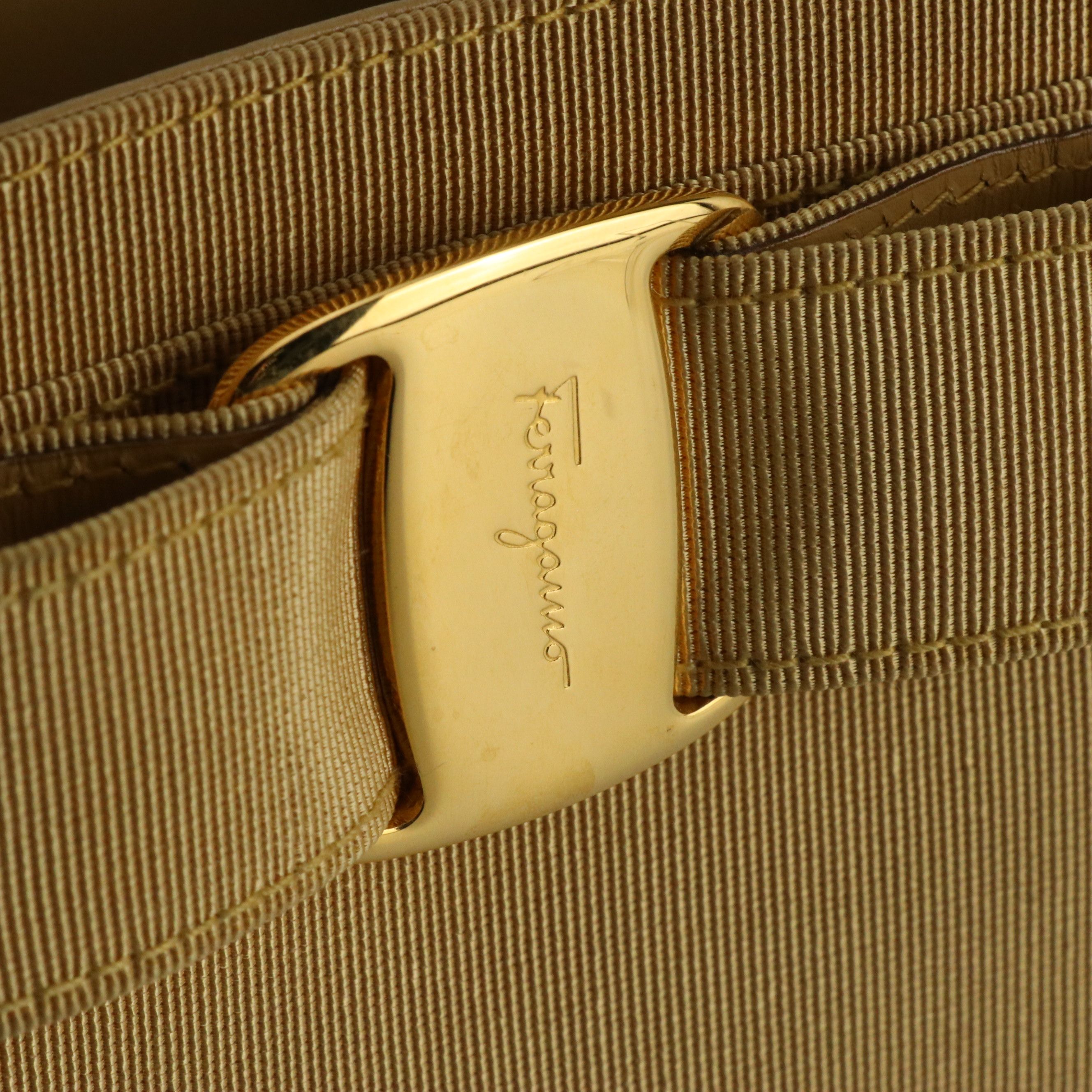 Salvatore Ferragamo Small Vara Bow Bucket Tote in Gold Grosgrain and Leather