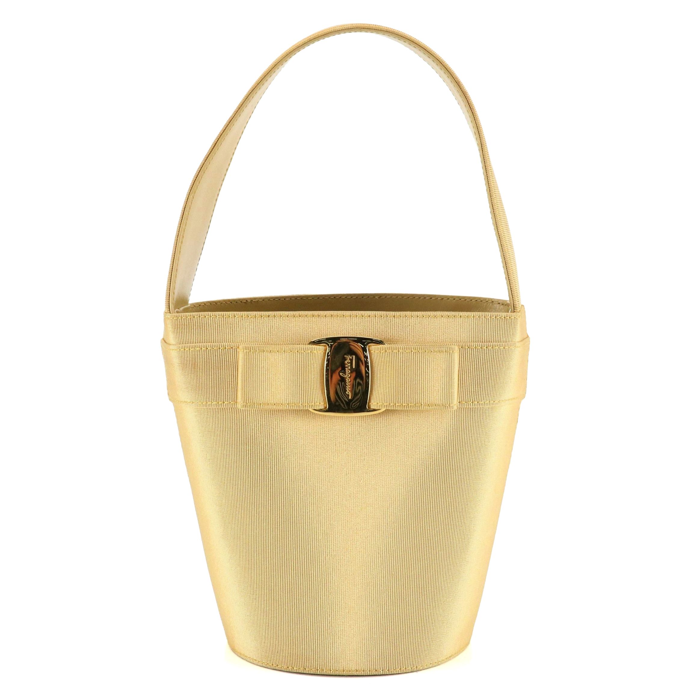 Salvatore Ferragamo Small Vara Bow Bucket Tote in Gold Grosgrain and Leather
