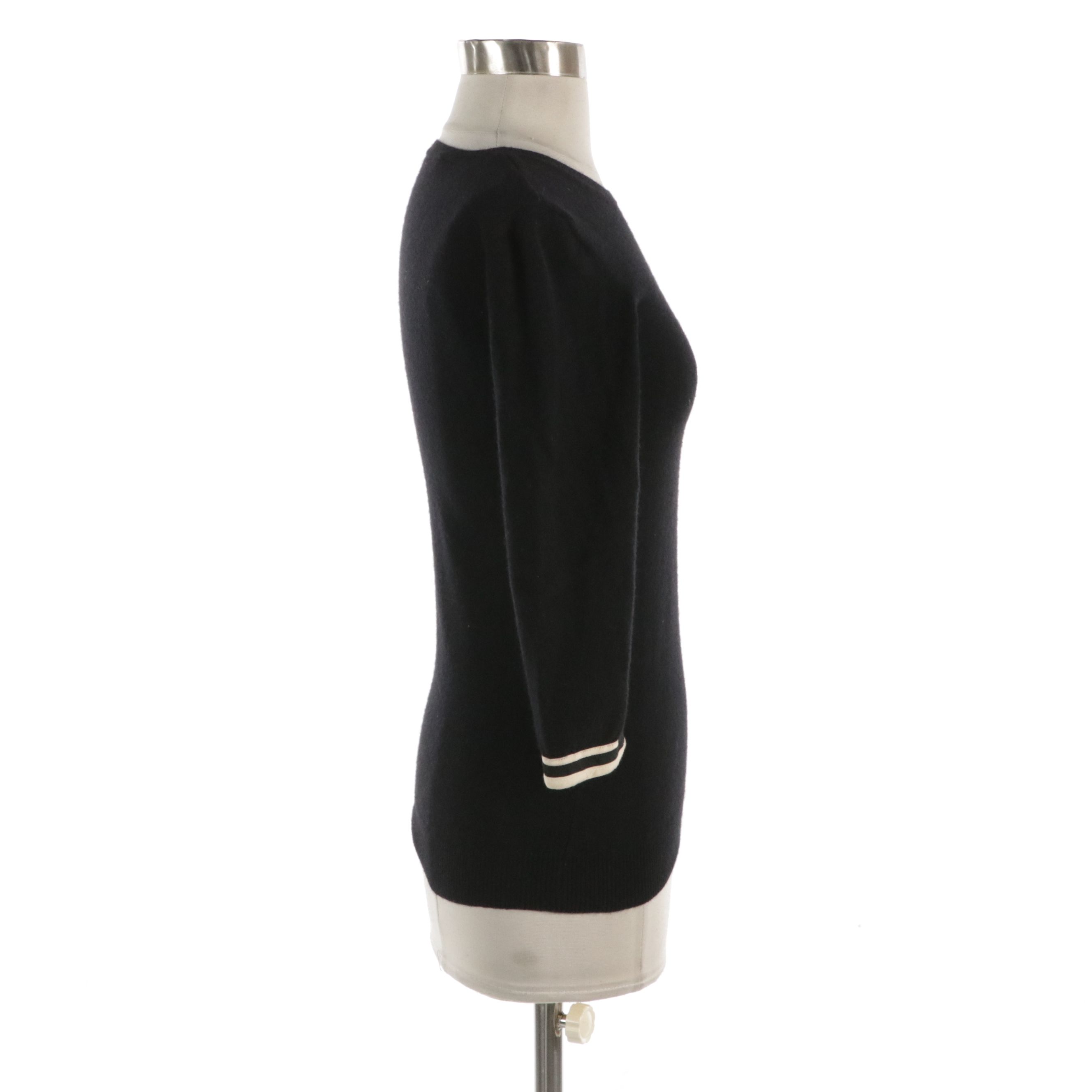 Balenciaga Black Cashmere Knit Sweater with Ivory Silk Trimming