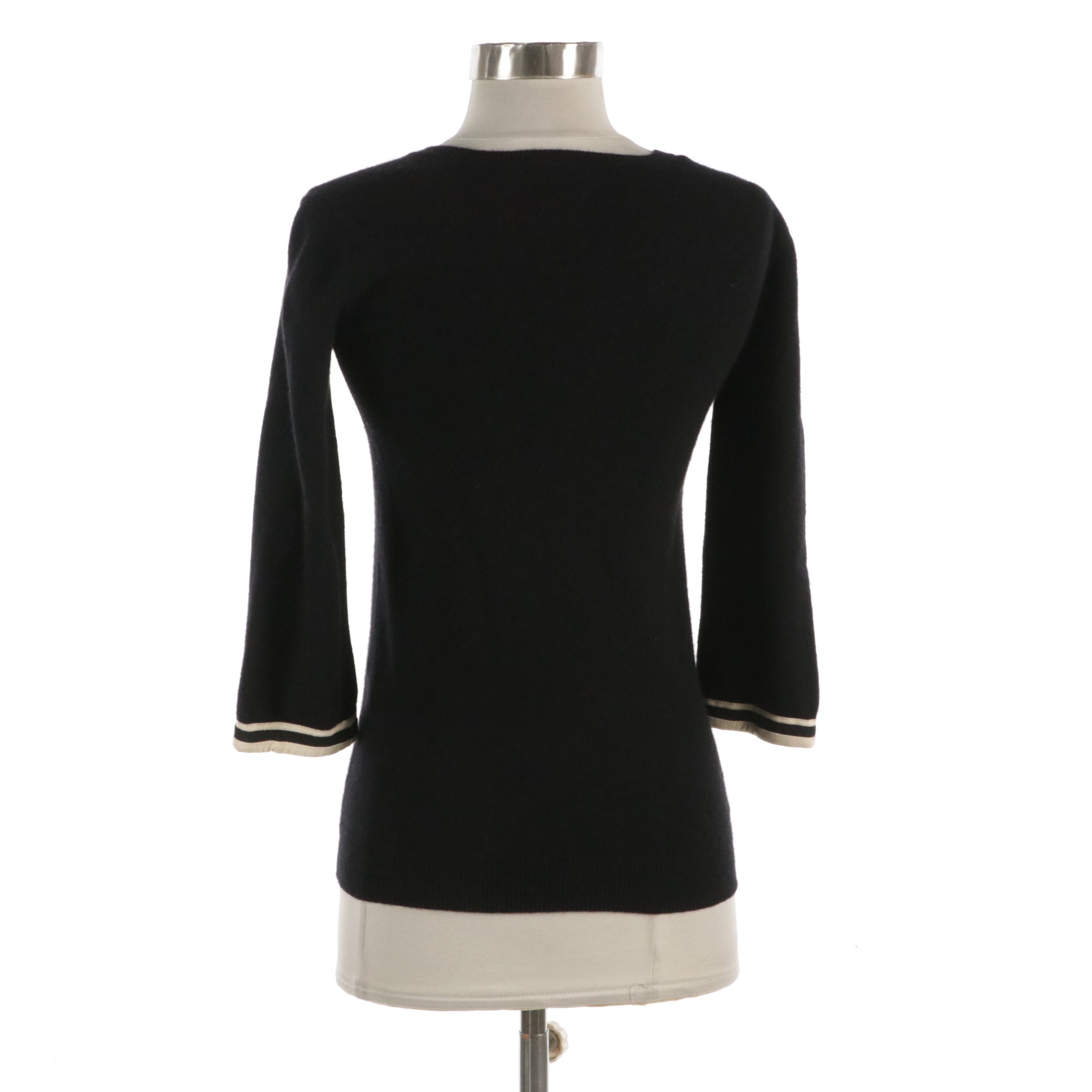 Balenciaga Black Cashmere Knit Sweater with Ivory Silk Trimming