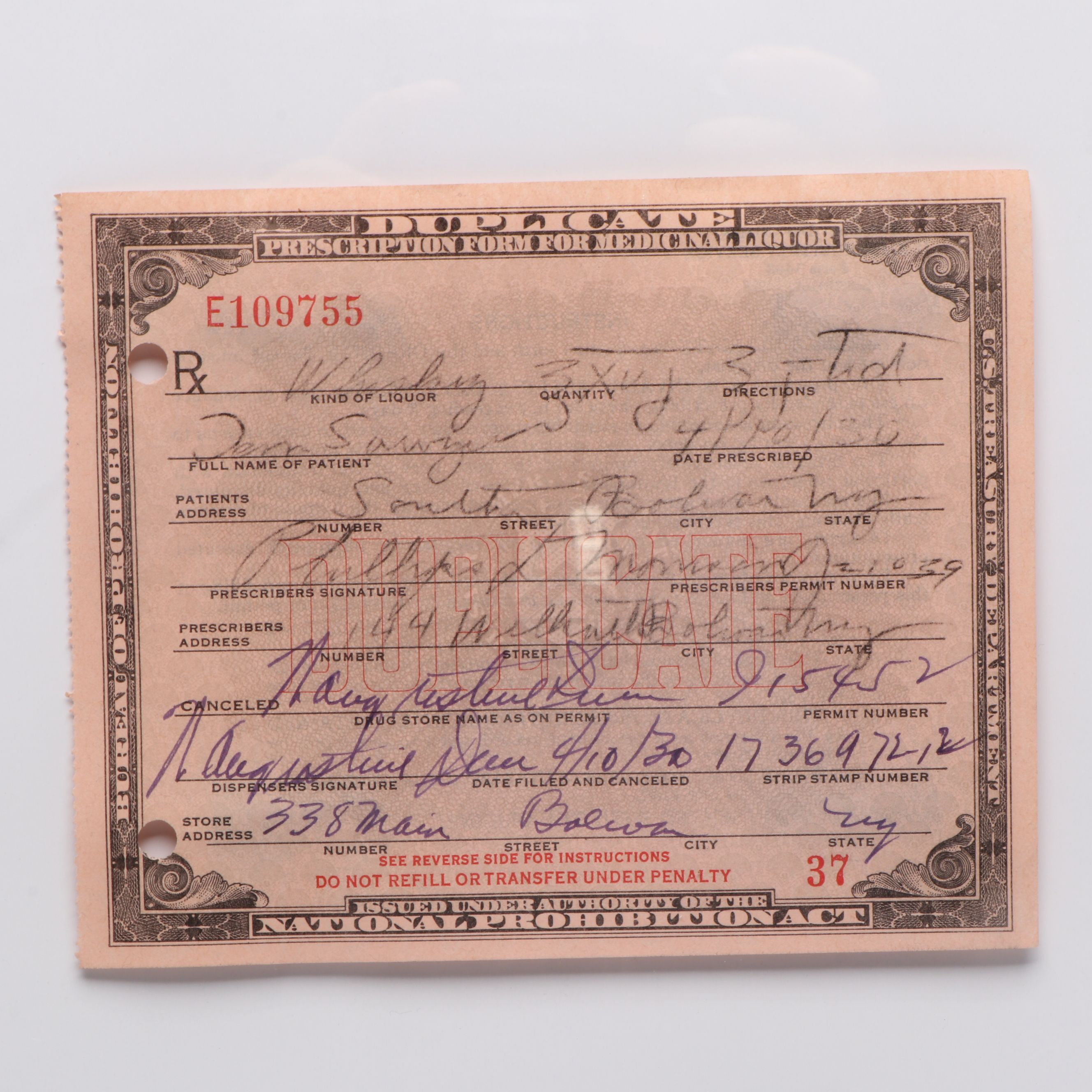 Prohibition Era Prescription Form for Whiskey, 1930