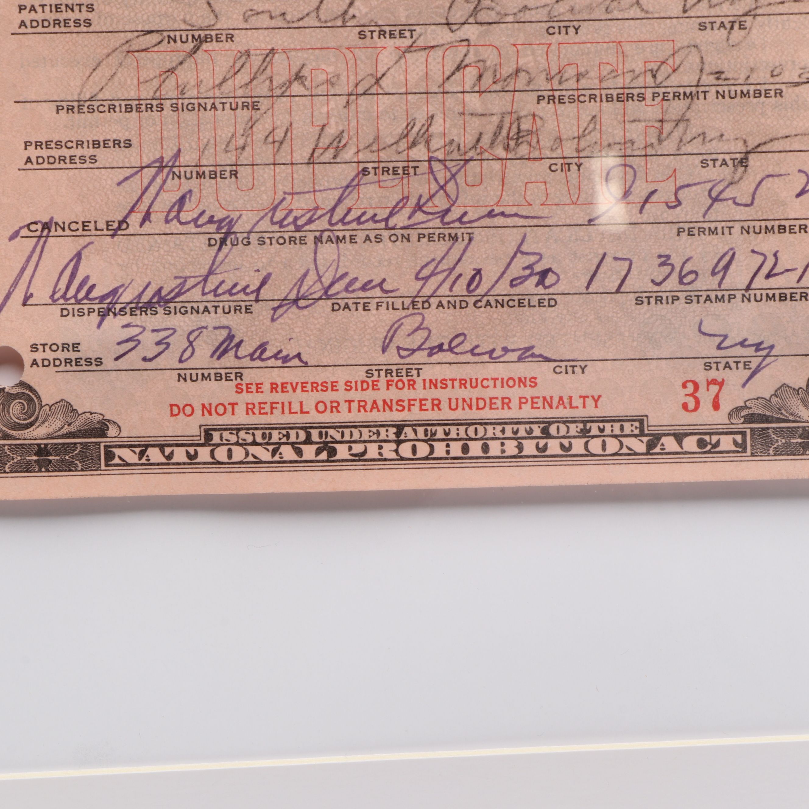 Prohibition Era Prescription Form for Whiskey, 1930