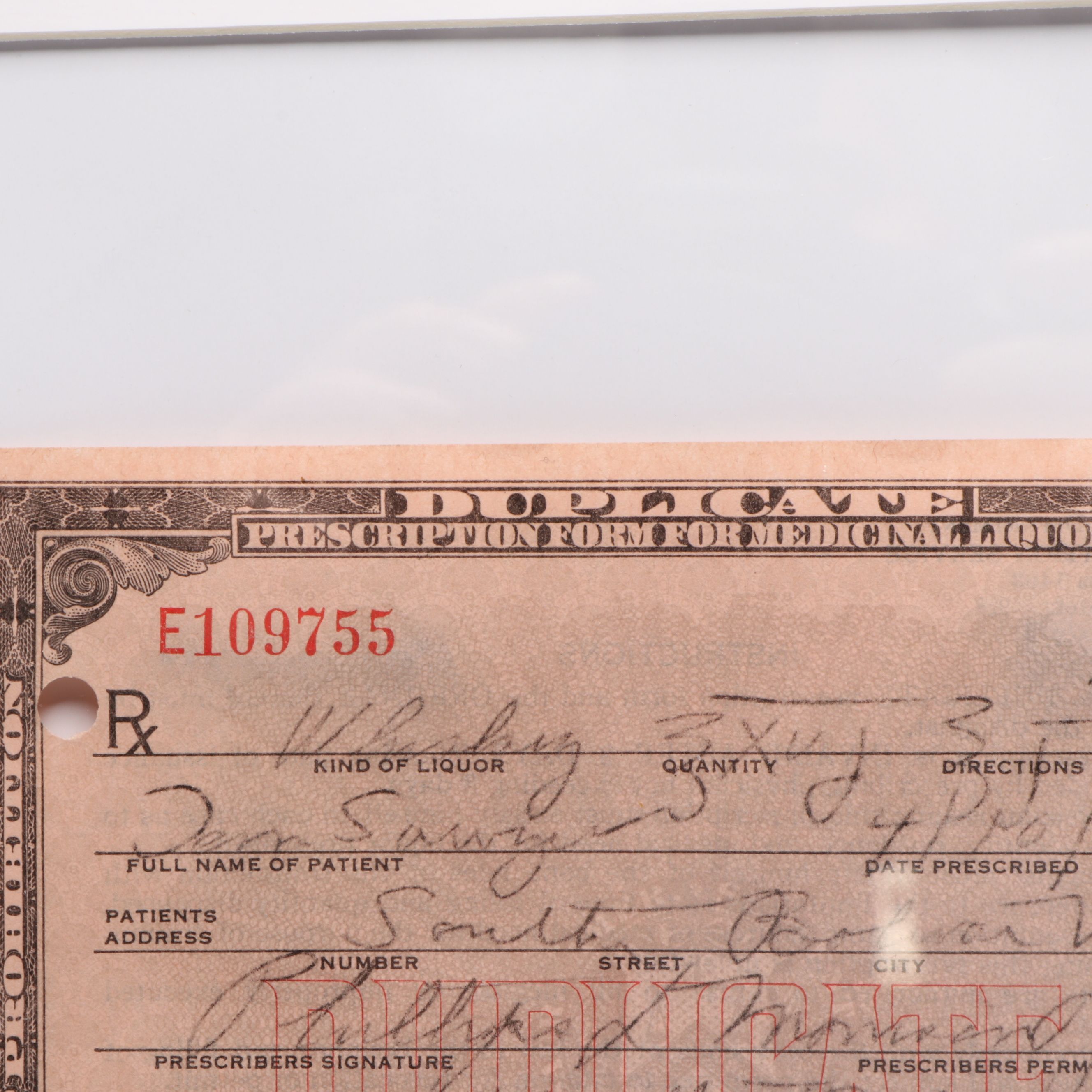 Prohibition Era Prescription Form for Whiskey, 1930