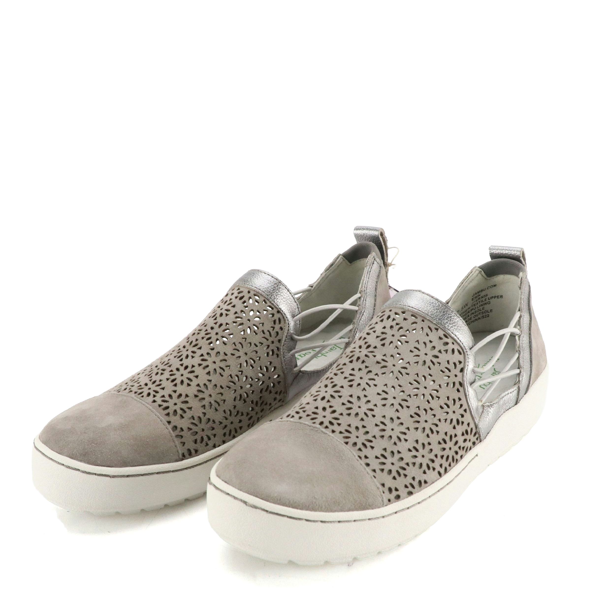 Jambu "Erin" Laser-Cut Grey Suede Slip-On Shoes