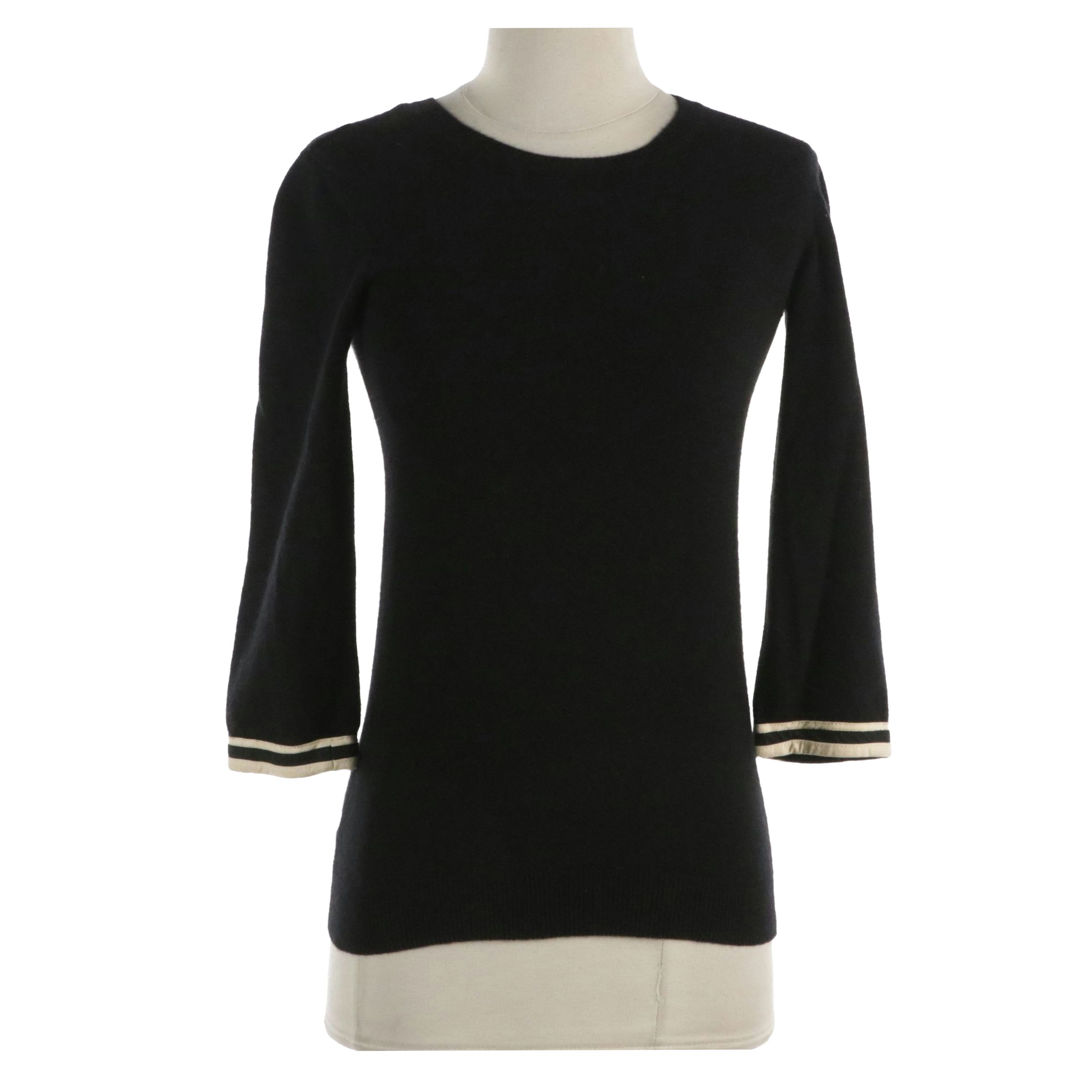 Balenciaga Black Cashmere Knit Sweater with Ivory Silk Trimming