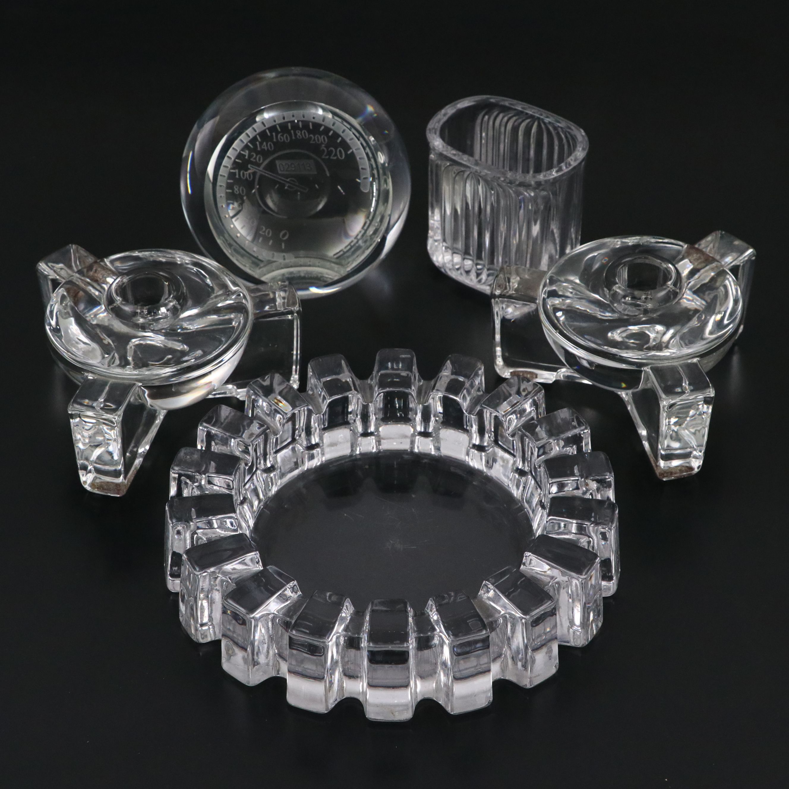Fostoria Candle Holders with Crystal Speedometer Paperweight and Other Décor
