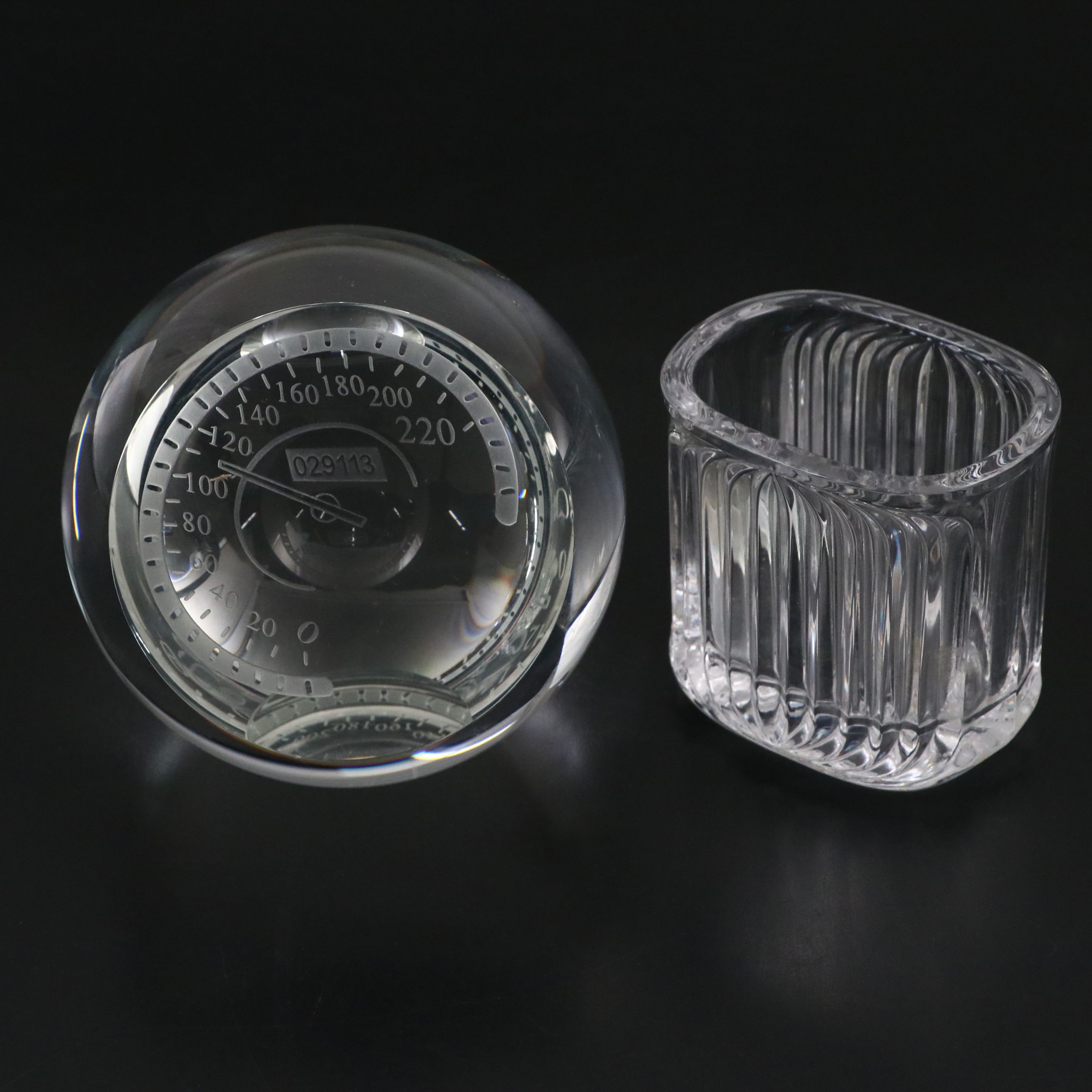 Fostoria Candle Holders with Crystal Speedometer Paperweight and Other Décor
