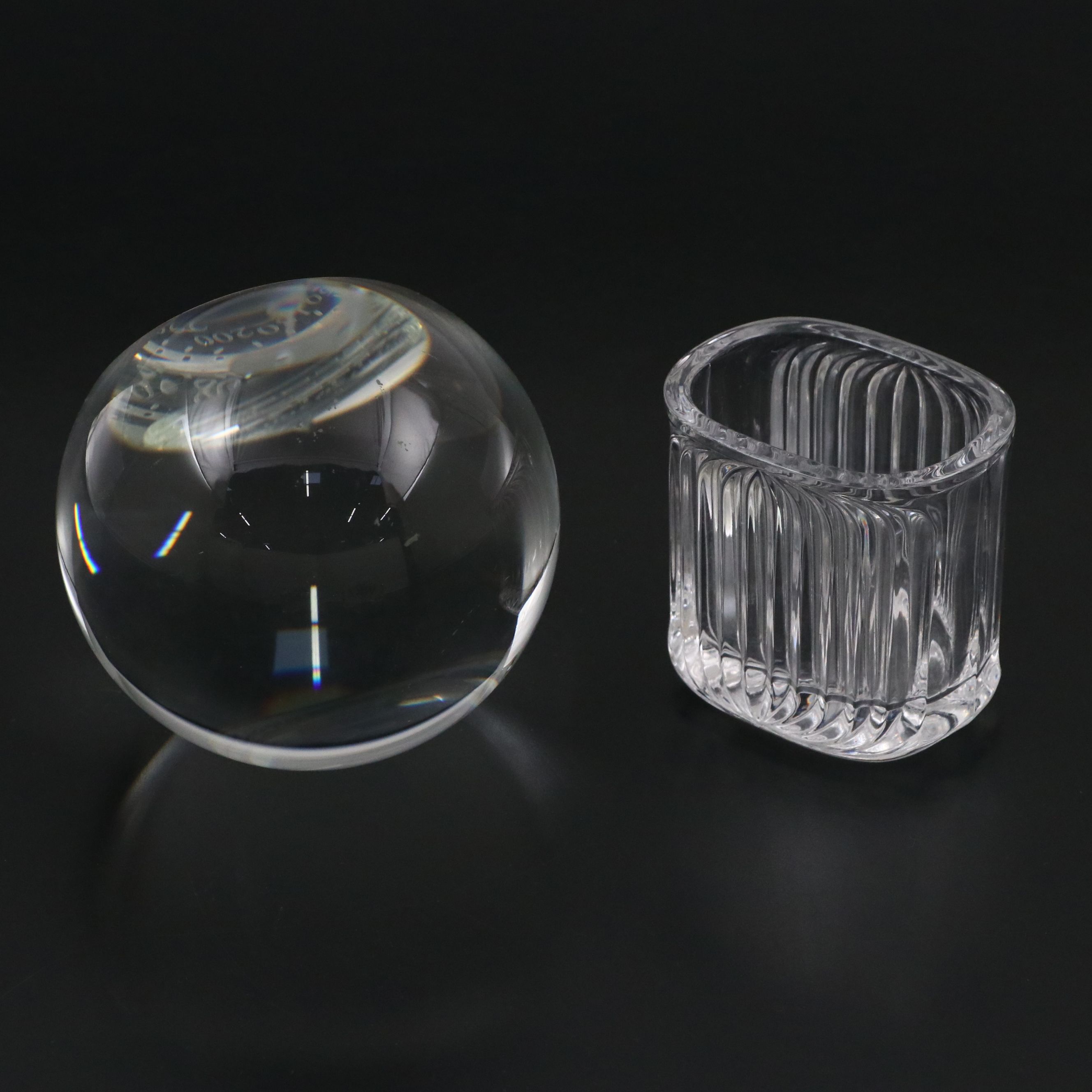 Fostoria Candle Holders with Crystal Speedometer Paperweight and Other Décor