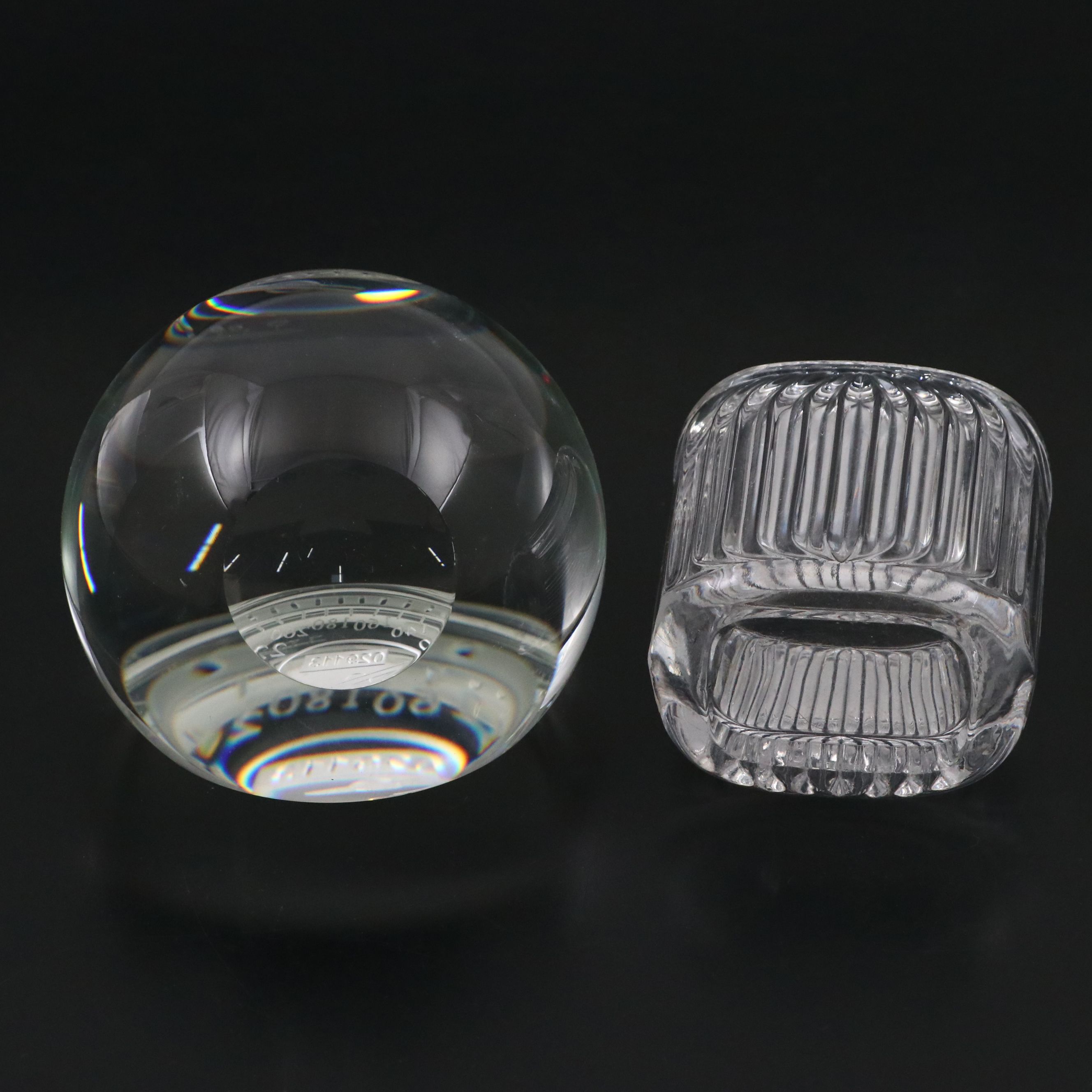 Fostoria Candle Holders with Crystal Speedometer Paperweight and Other Décor