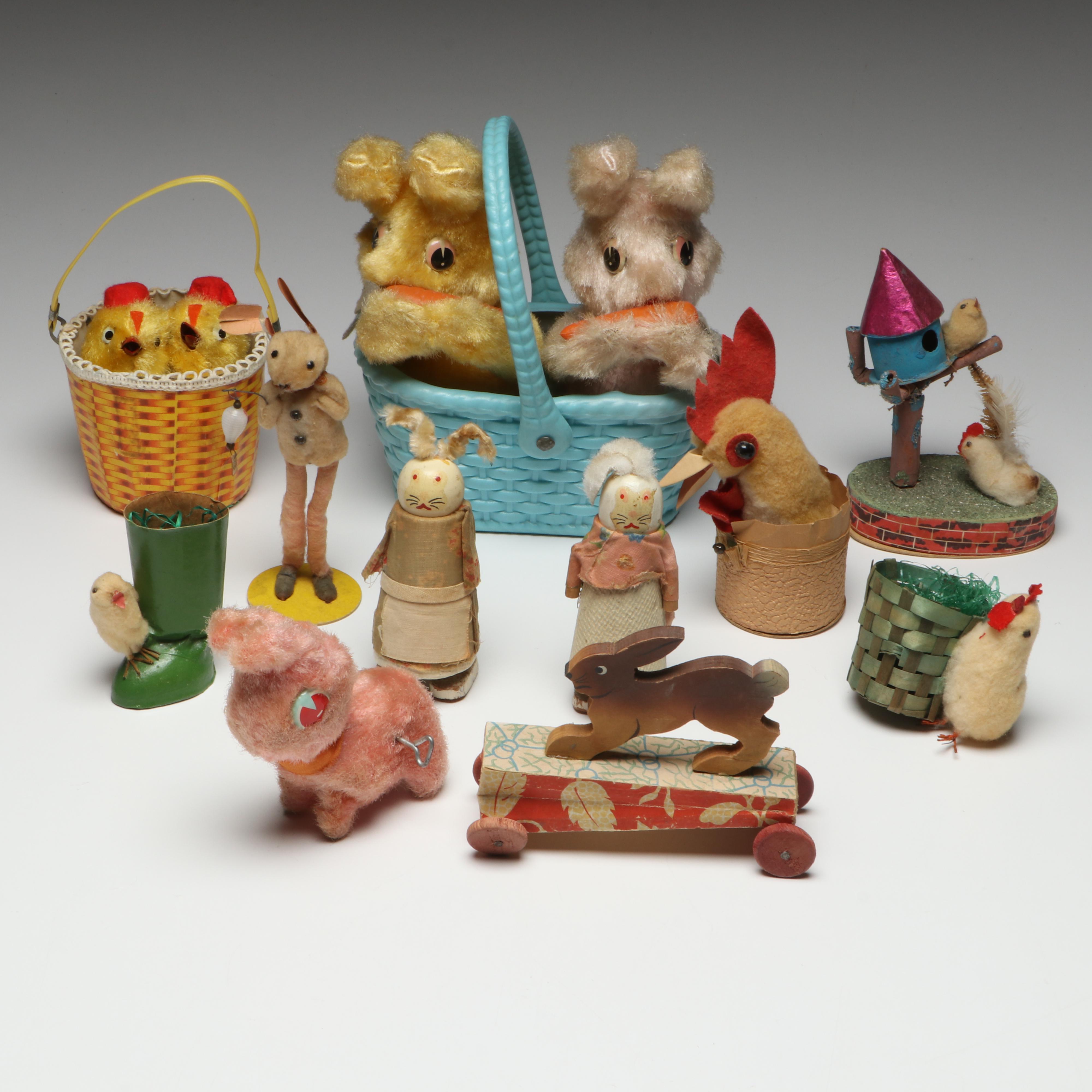 Easter Bunny Wind-Up Toy with Candy Containers and More, Mid-20th Century