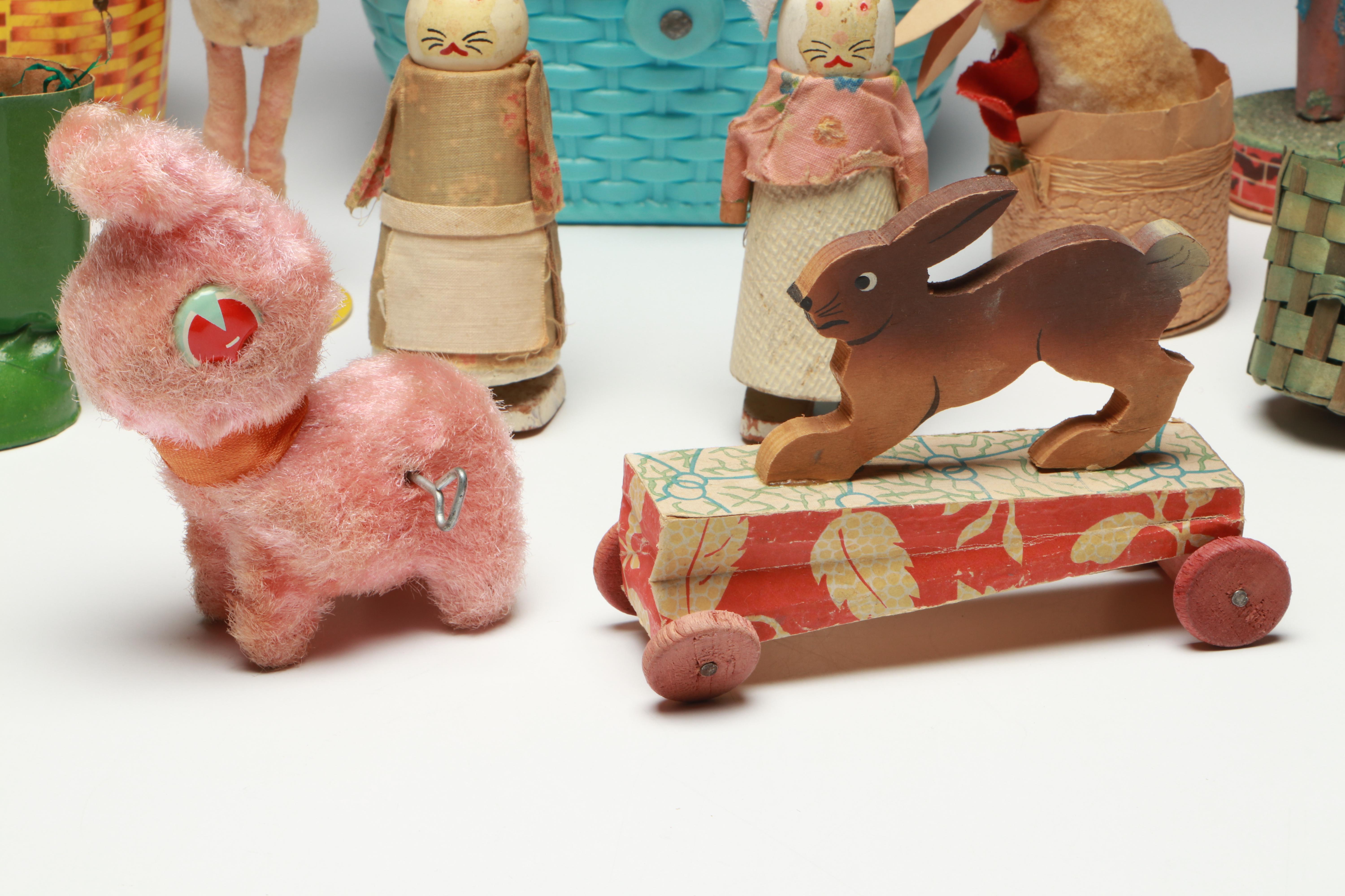 Easter Bunny Wind-Up Toy with Candy Containers and More, Mid-20th Century