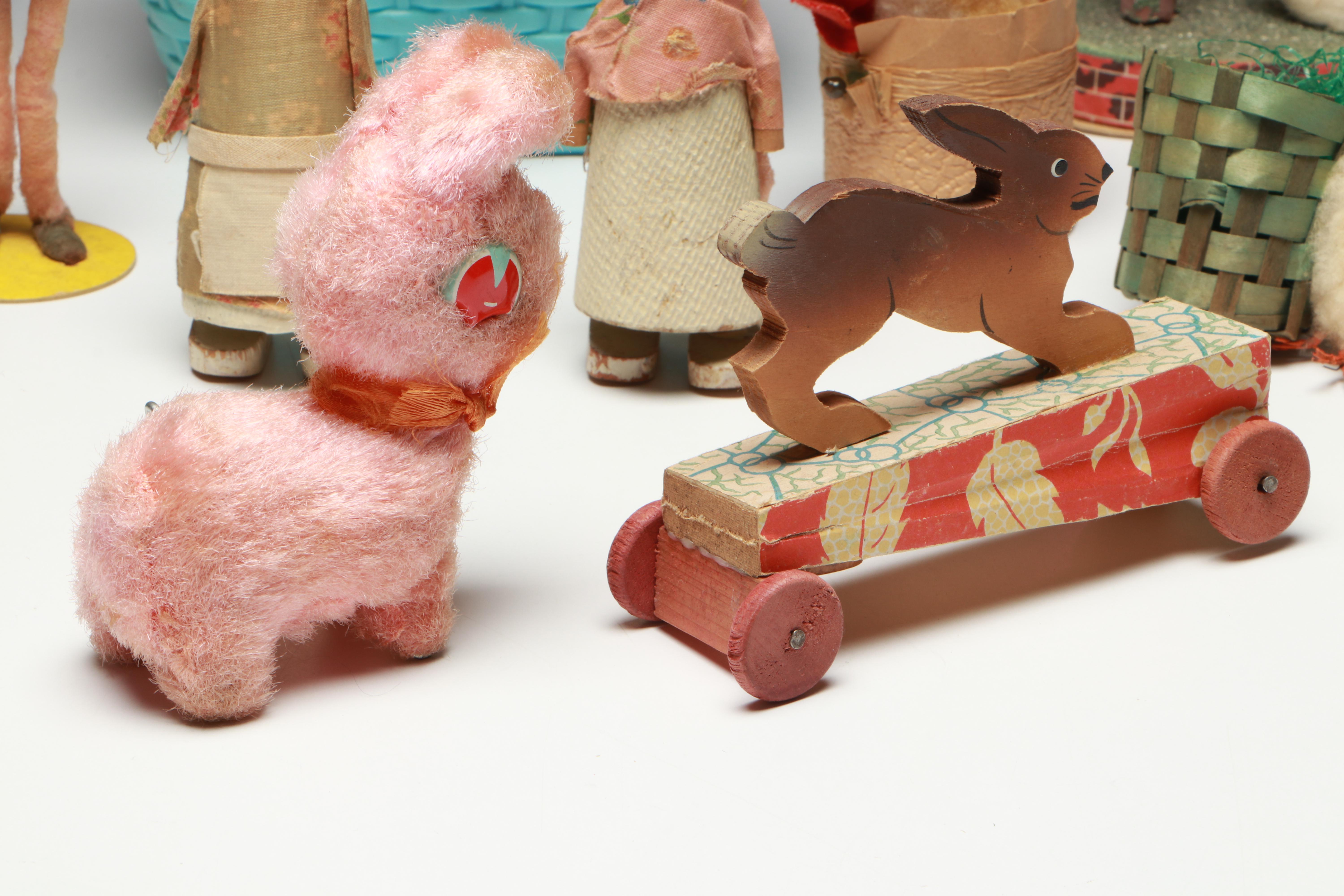 Easter Bunny Wind-Up Toy with Candy Containers and More, Mid-20th Century