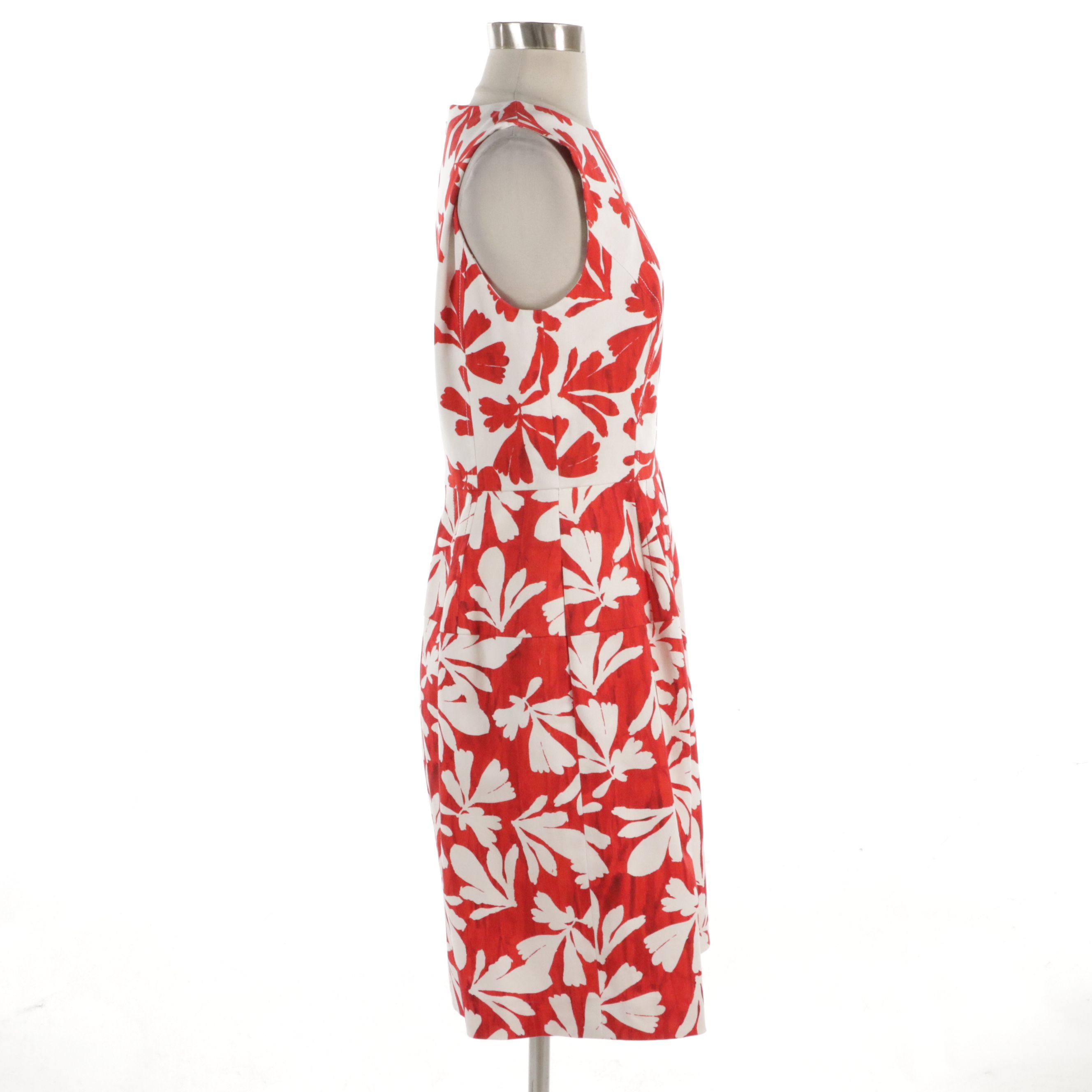 Oscar de la Renta Red and White Printed Paneled Midi Dress